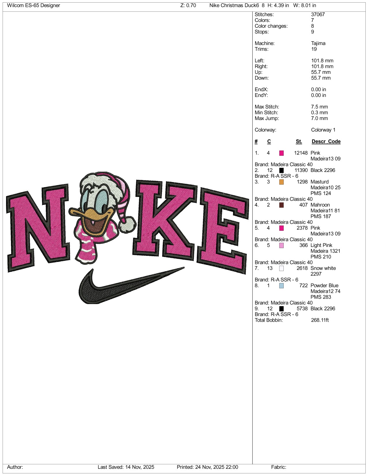 NIke Donald Duck v4 Embroidery Design Files - 3 Size's