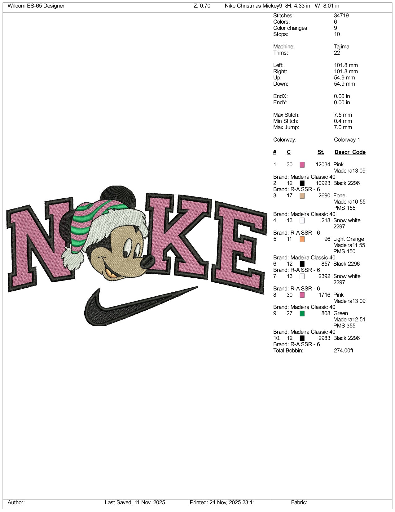 Nike Mickey Mouse v9 Embroidery Design Files - 3 Size's