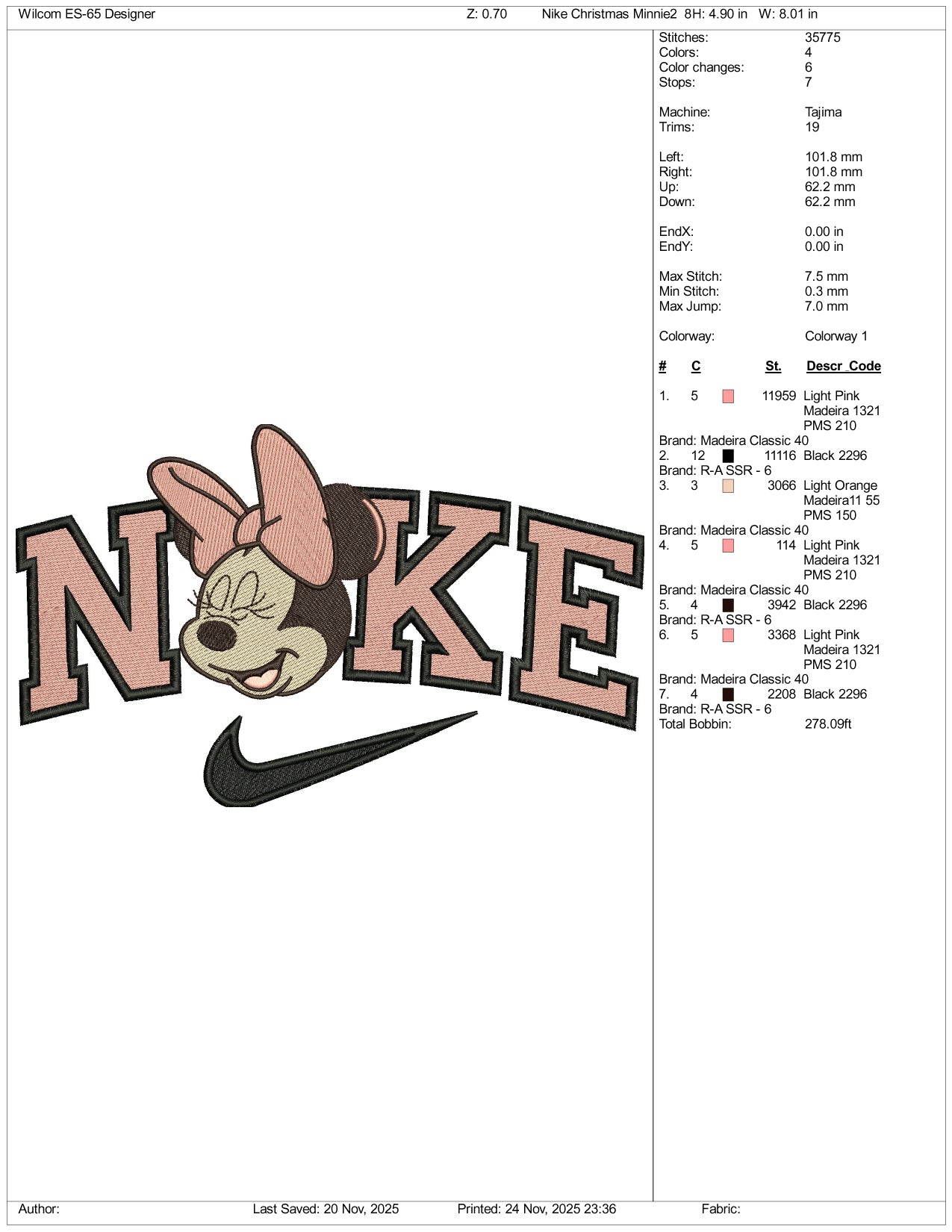 Nike Minnie Mouse v18 Embroidery Design Files - 3 Size's