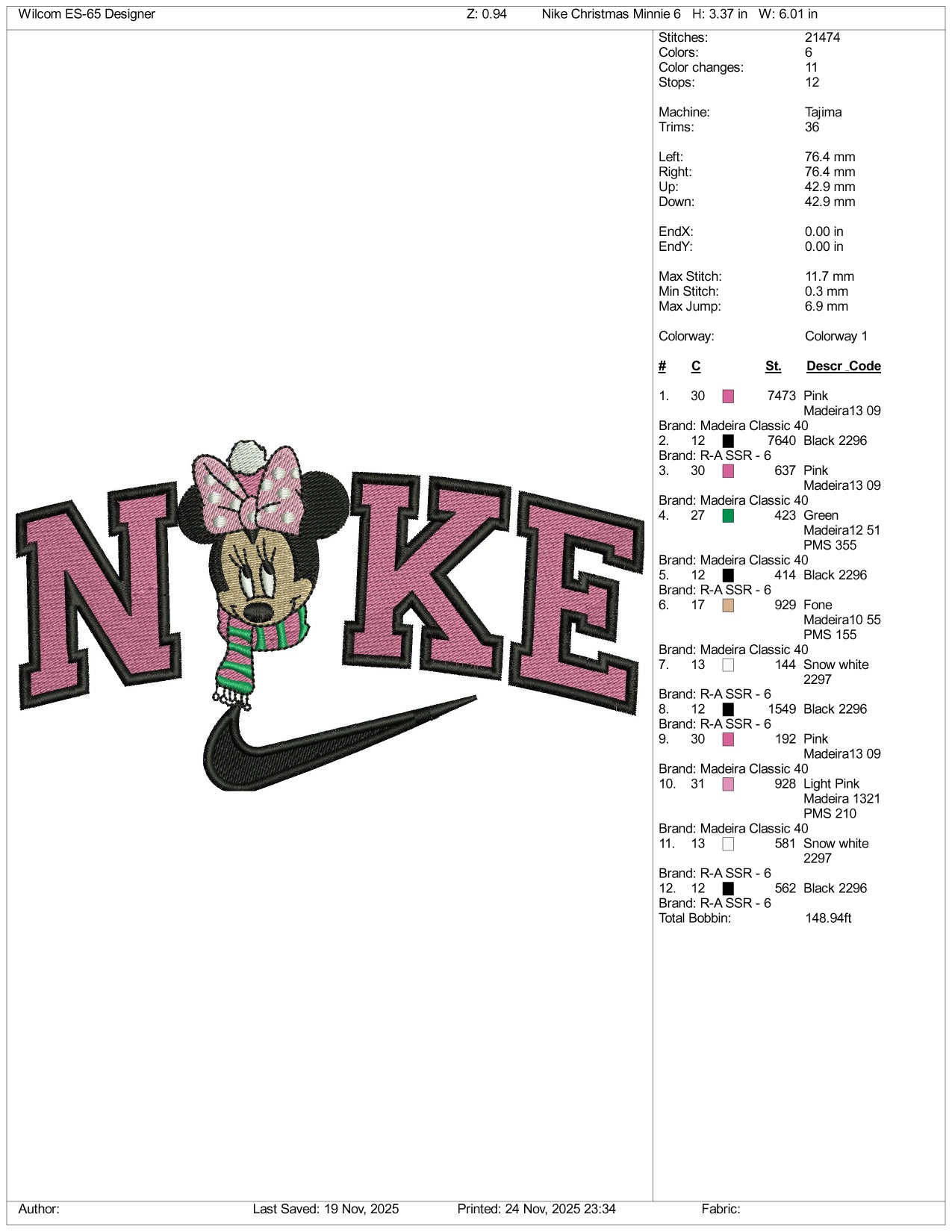 Nike Minnie Mouse v17 Embroidery Design Files - 3 Size's