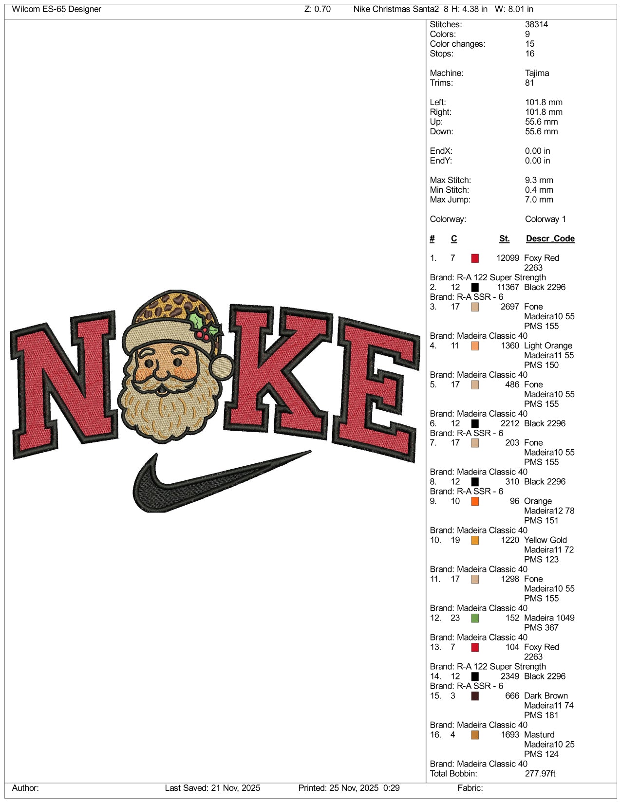 Nike Santa Claus v2 Embroidery Design Files - 3 Size's