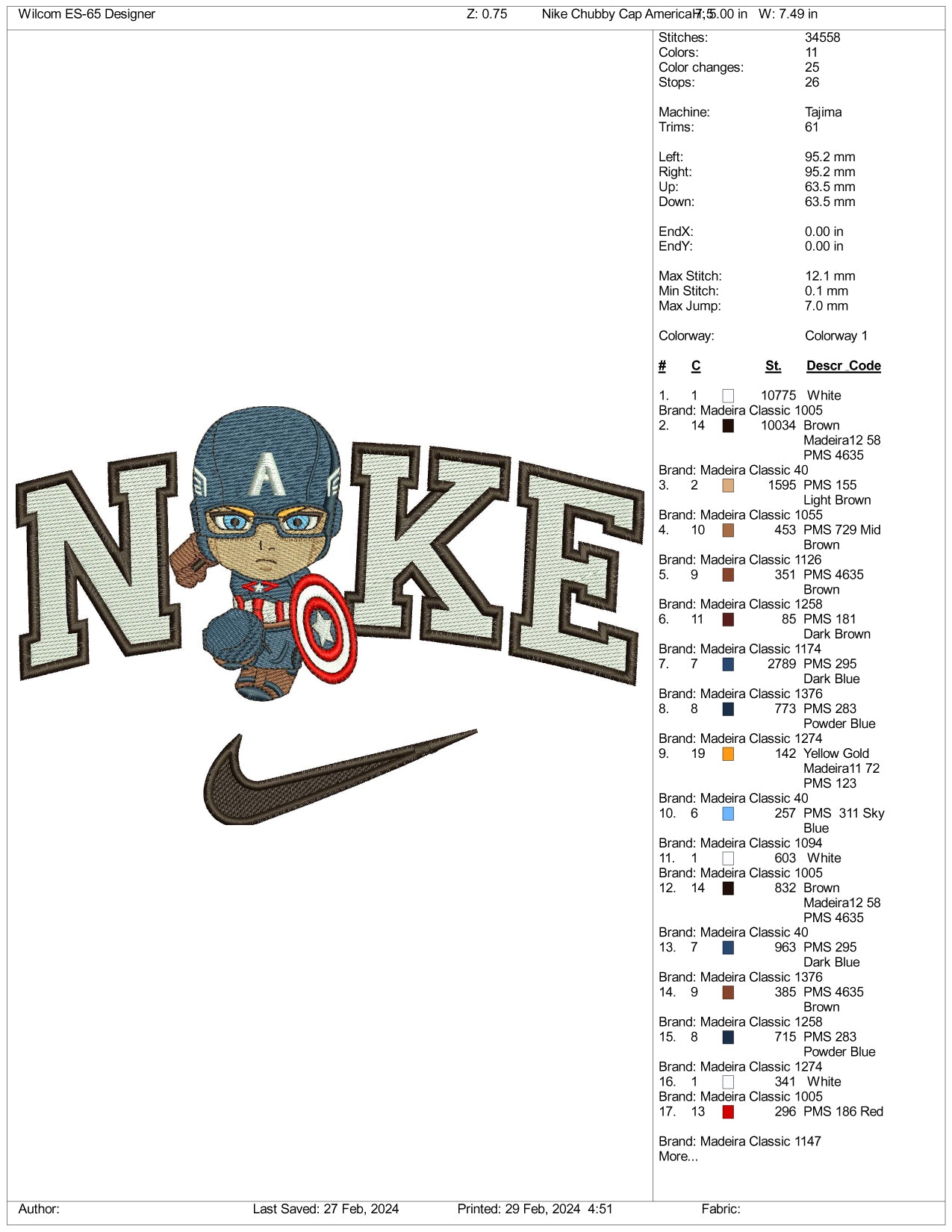 Archivos de diseño de bordado Nike Chibi del Capitán América (3 tamaños)