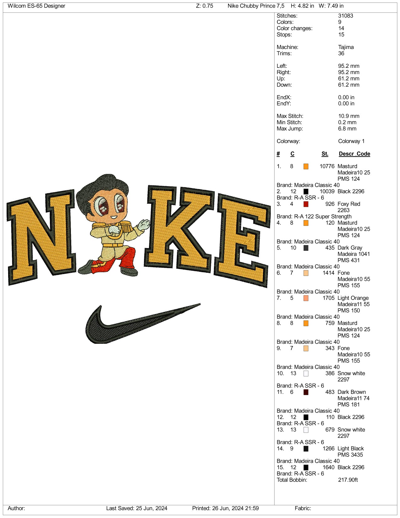 Archivos de diseño de bordado Nike Chibi Prince Charming (3 tamaños)