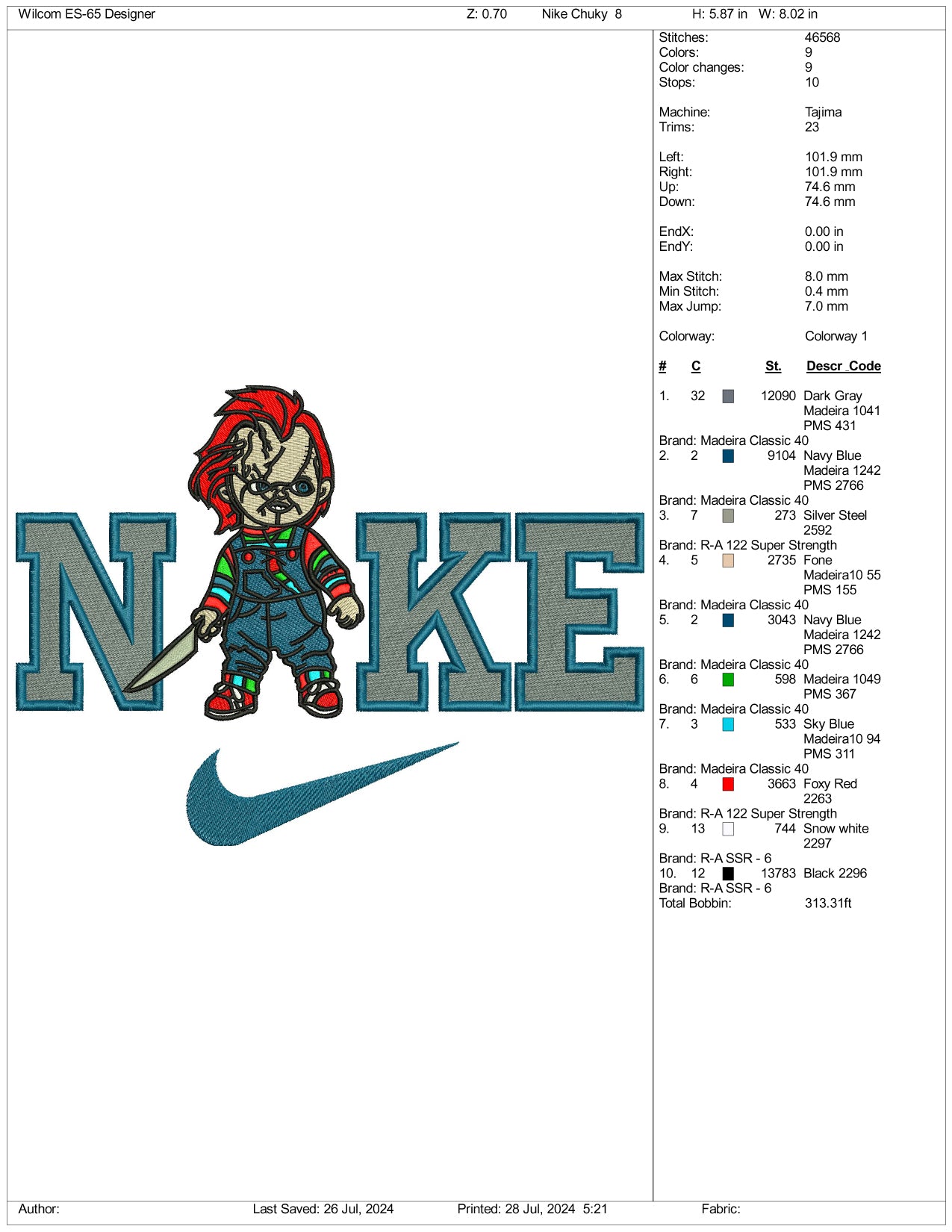 Nike Chucky v2 Embroidery Files - 3 Size's