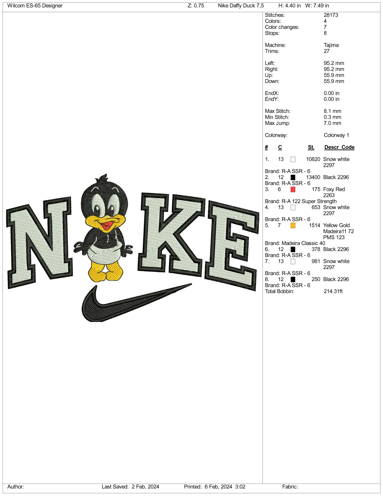 Archivos de diseño de bordado del Pato Lucas Chibi de Nike (3 tamaños)