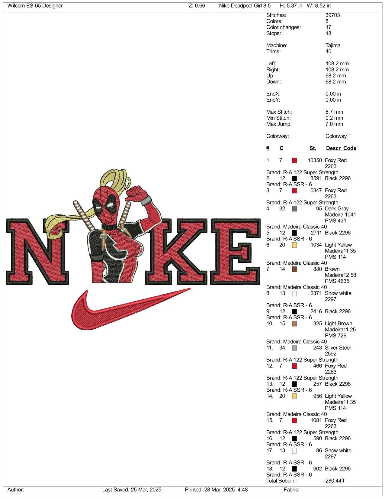 Nike Lady Deadpool Embroidery Design Files - 3 Size's