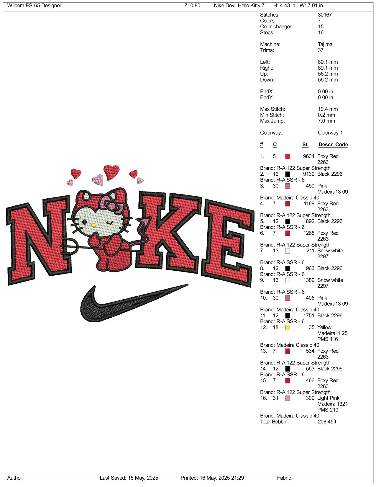 NIke Hello kitty Devil Embroidery Design Files - 3 Size's