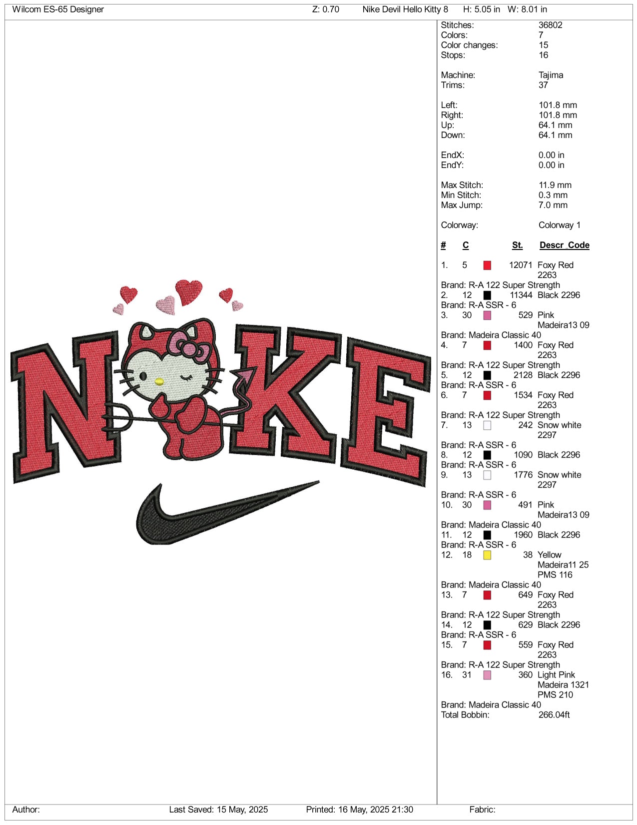 NIke Hello kitty Devil Embroidery Design Files - 3 Size's