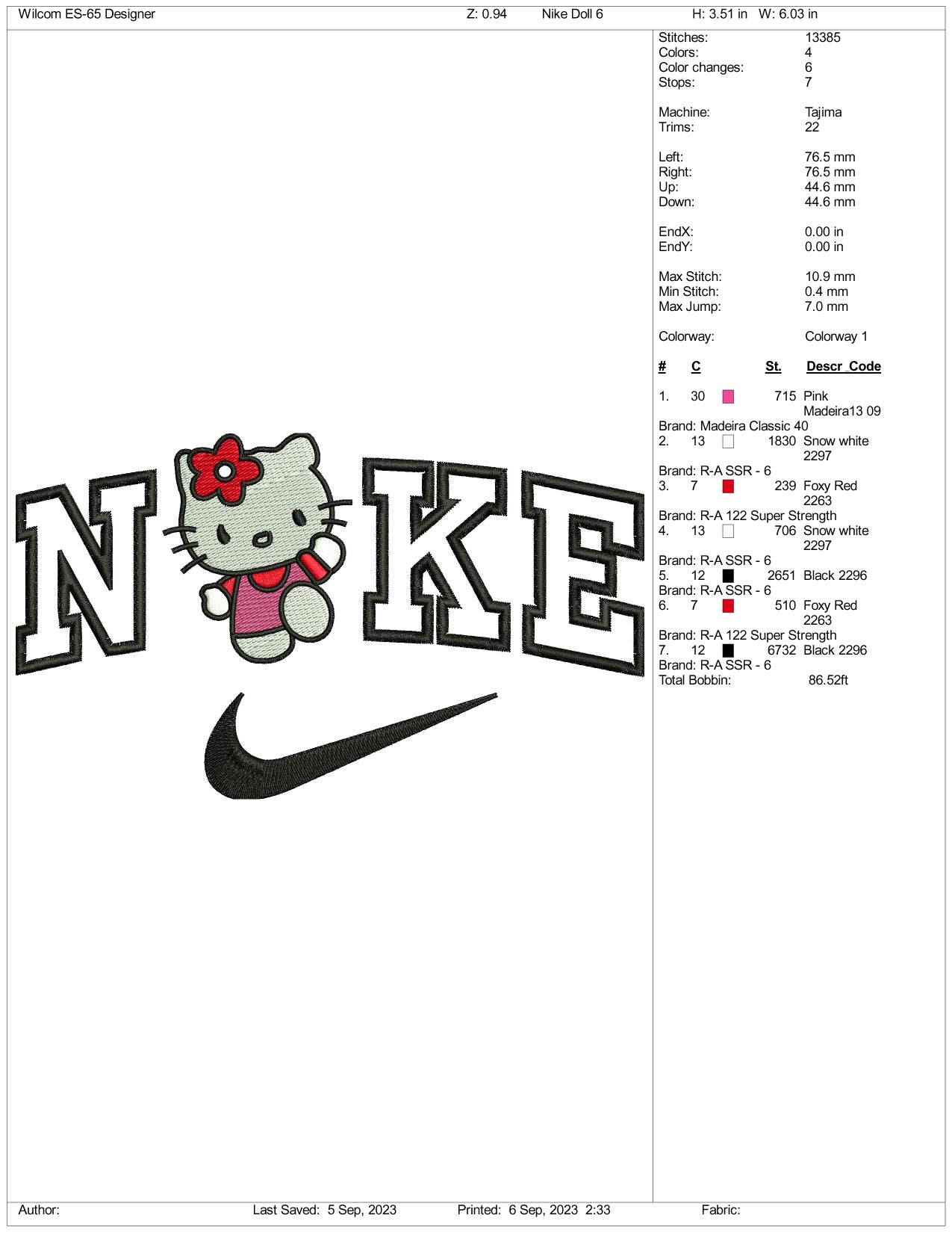 Archivos de diseño de bordado de Hello Kitty de Nike (3 tamaños)