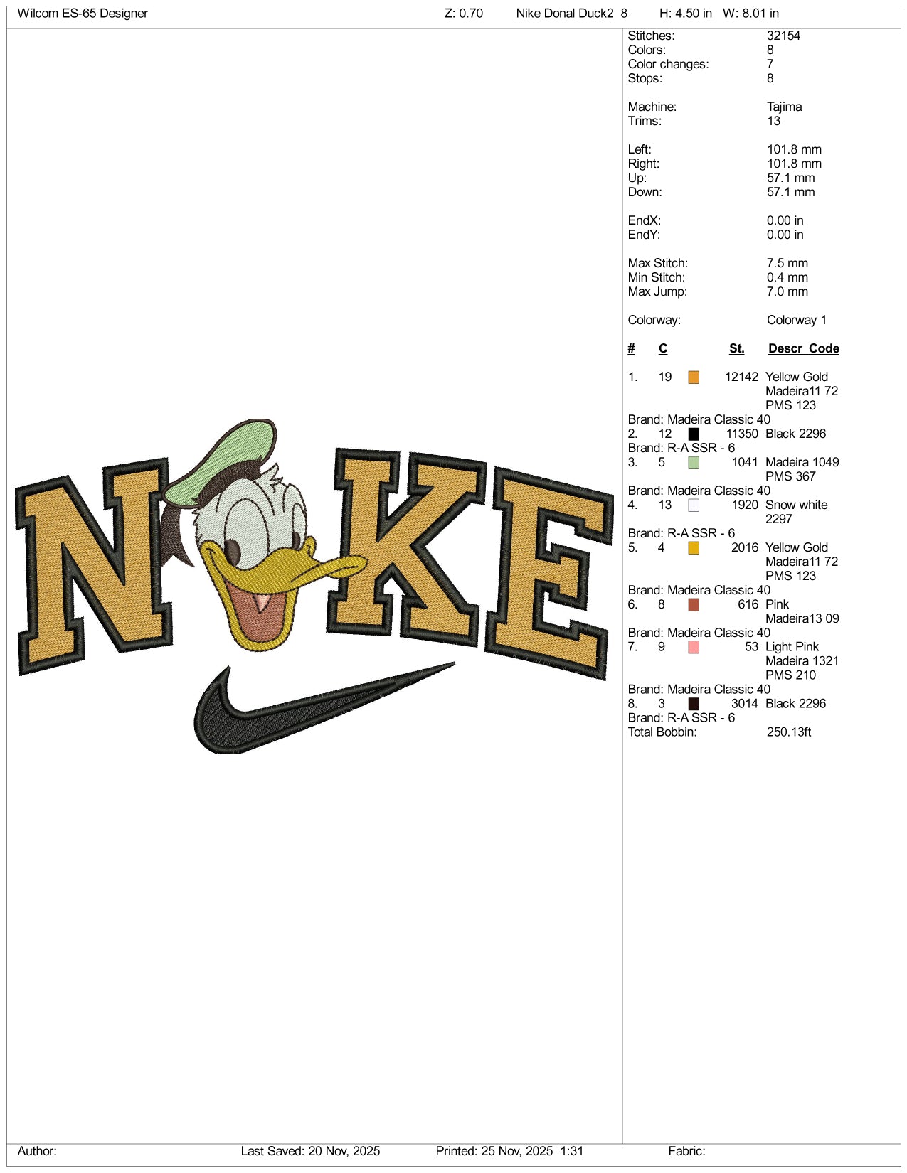 NIke Donald Duck v9 Embroidery Design Files - 3 Size's