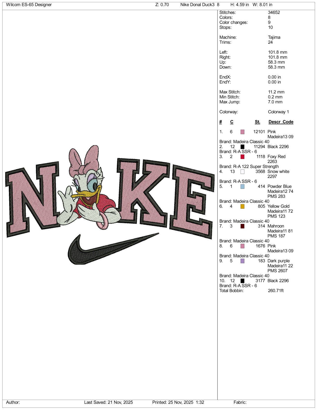 NIke Daisy Duck v7 Embroidery Design Files - 3 Sizes