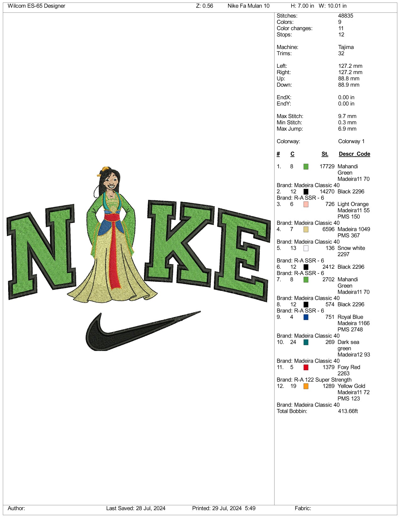 Archivos de diseño de bordado Nike Mulan v1 (3 tamaños)