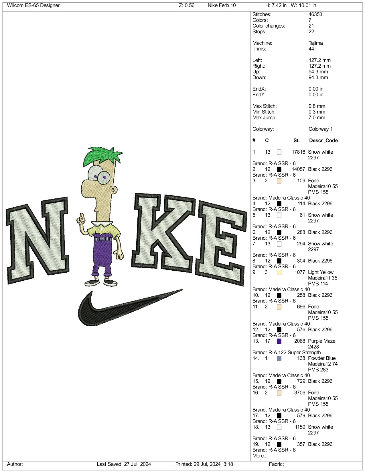 Archivos de diseño de bordado Nike Ferb Fletcher (3 tamaños)