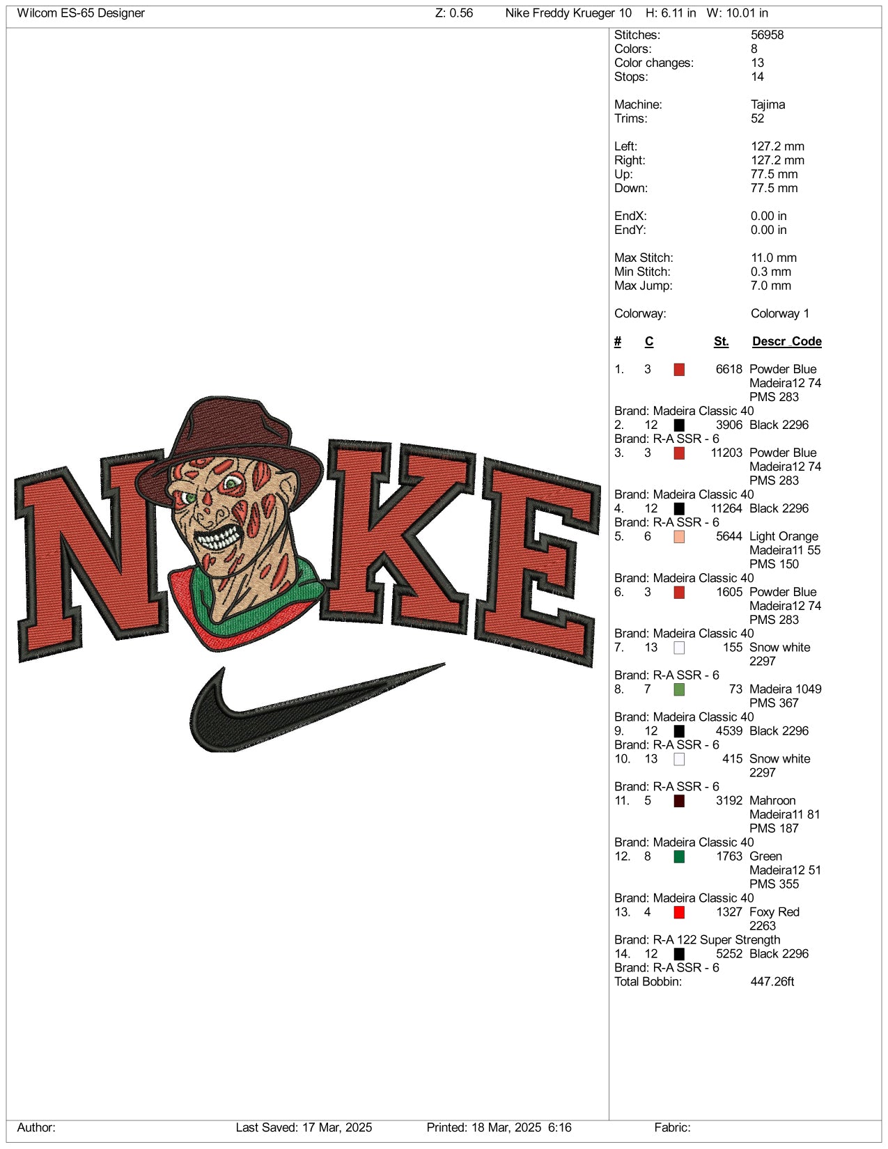Nike Freddy Krueger Face Embroidery Files - 3 Size's