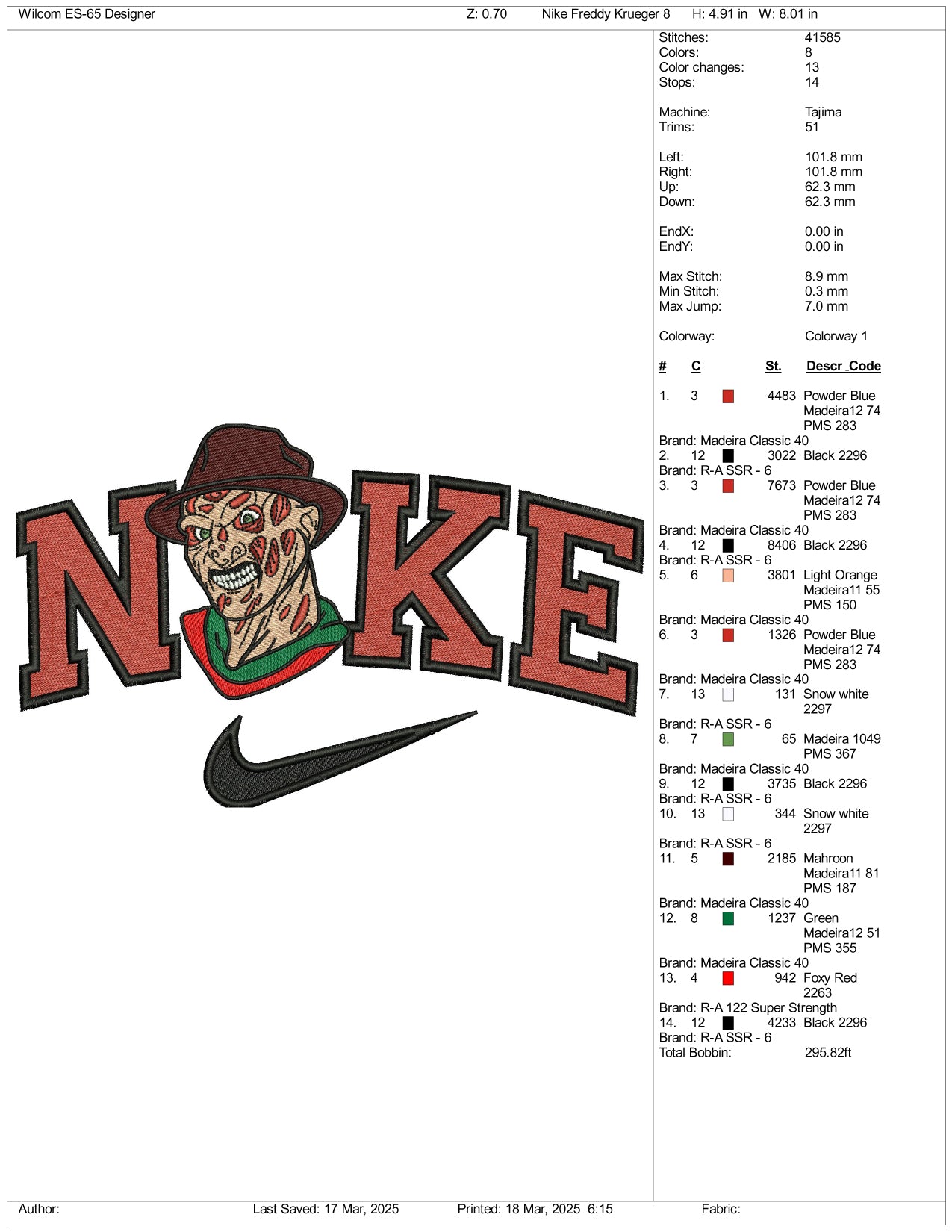 Nike Freddy Krueger Face Embroidery Files - 3 Size's