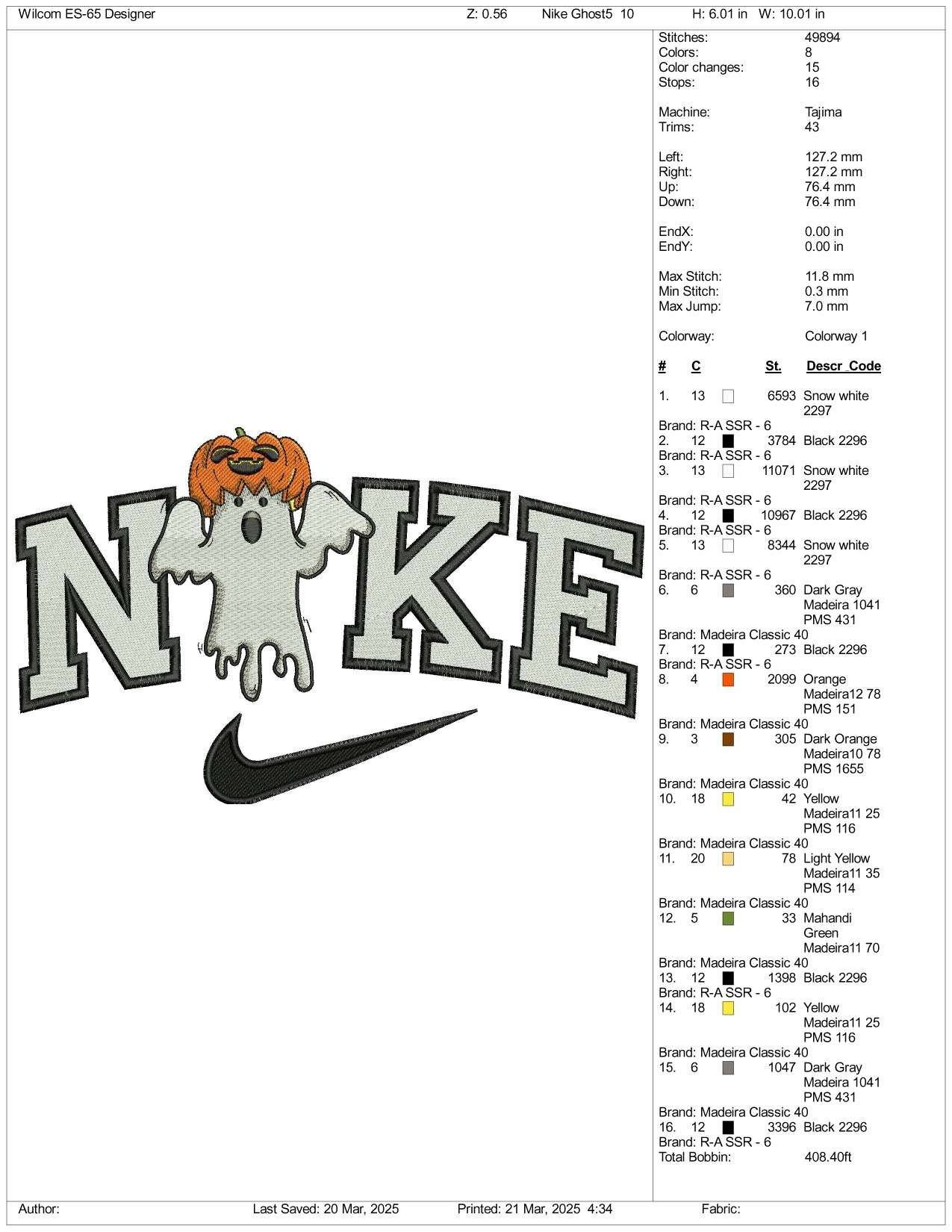 NIke Pumpkin Ghost Embroidery Files - 3 Size's