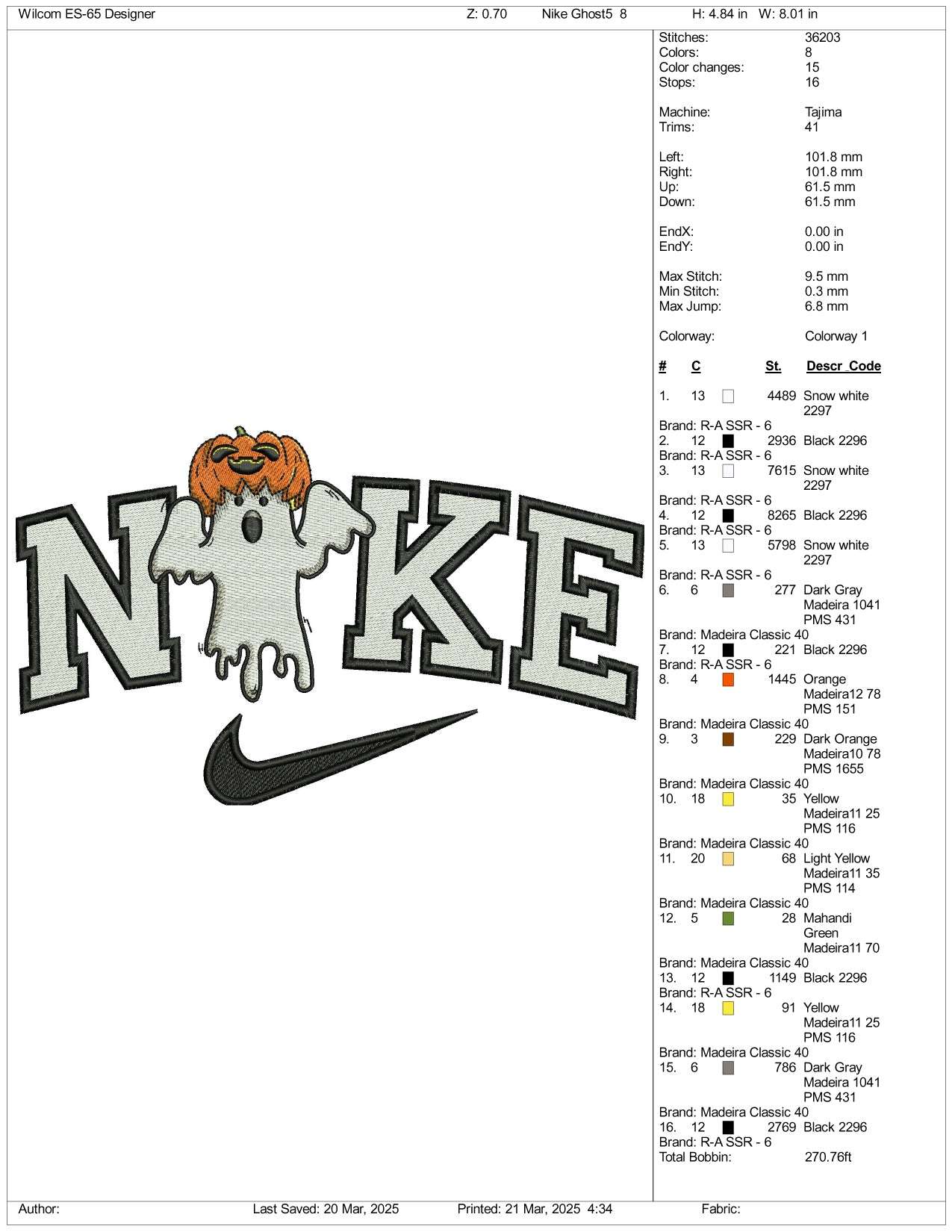 NIke Pumpkin Ghost Embroidery Files - 3 Size's