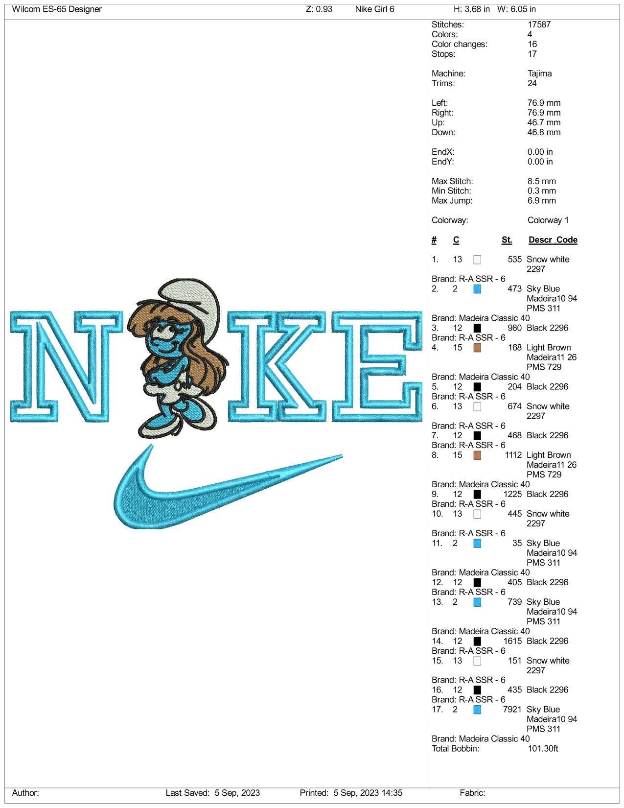 Nike Smurfette Embroidery Design Files - 3 Size's