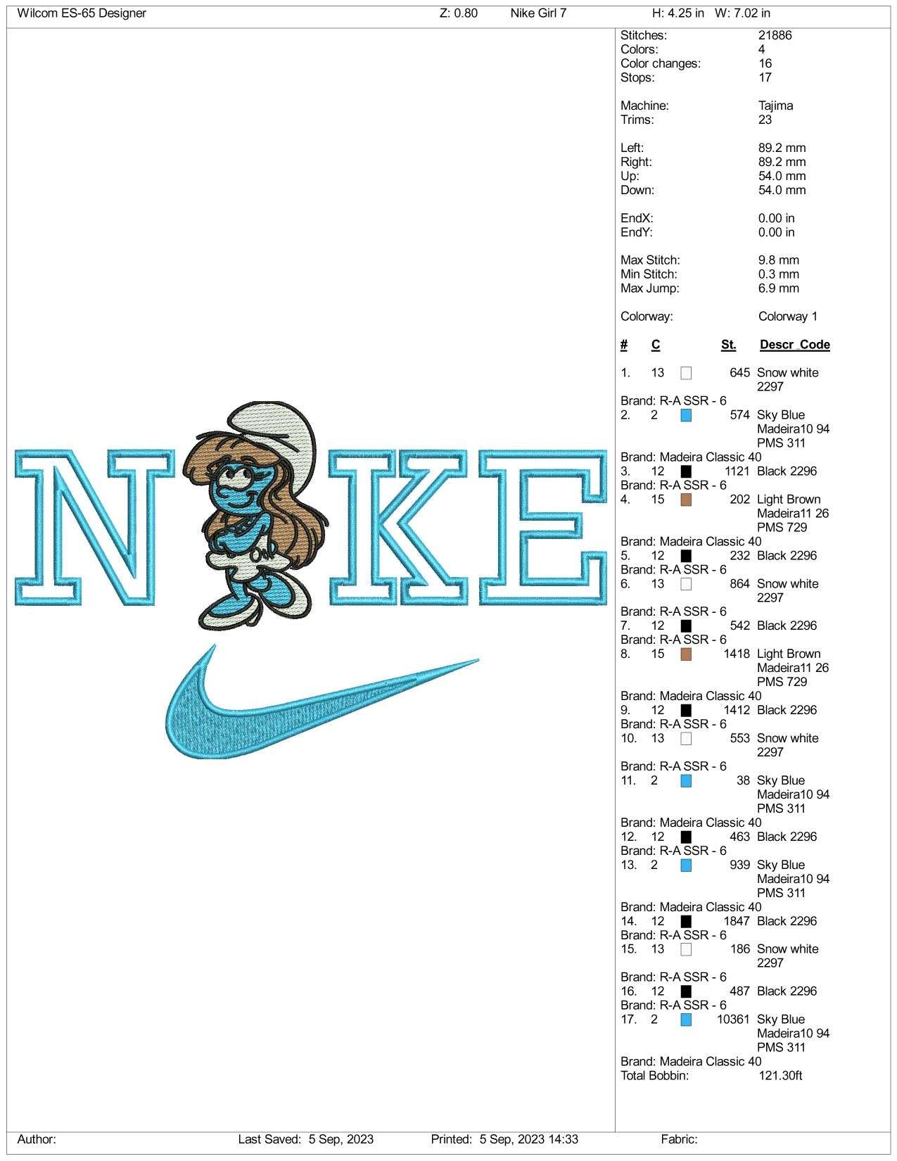 Nike Smurfette Embroidery Design Files - 3 Size's