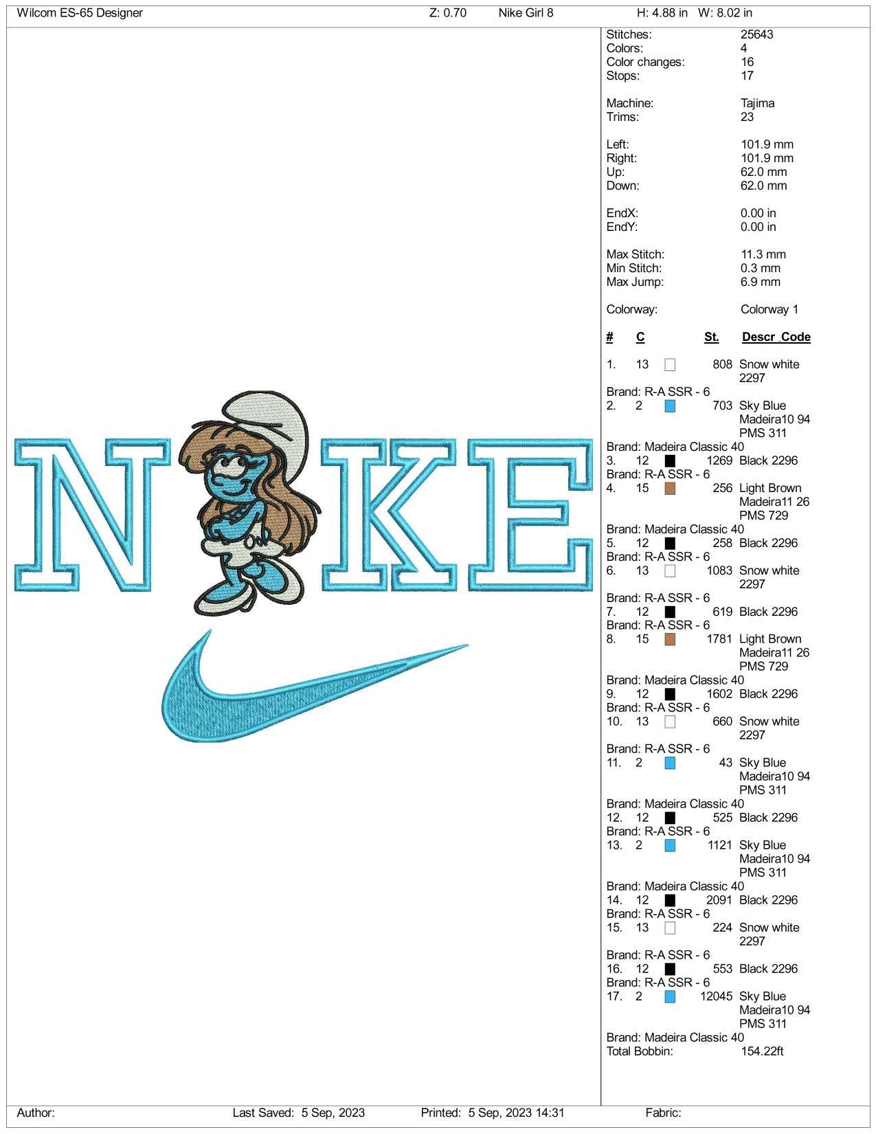 Nike Smurfette Embroidery Design Files - 3 Size's