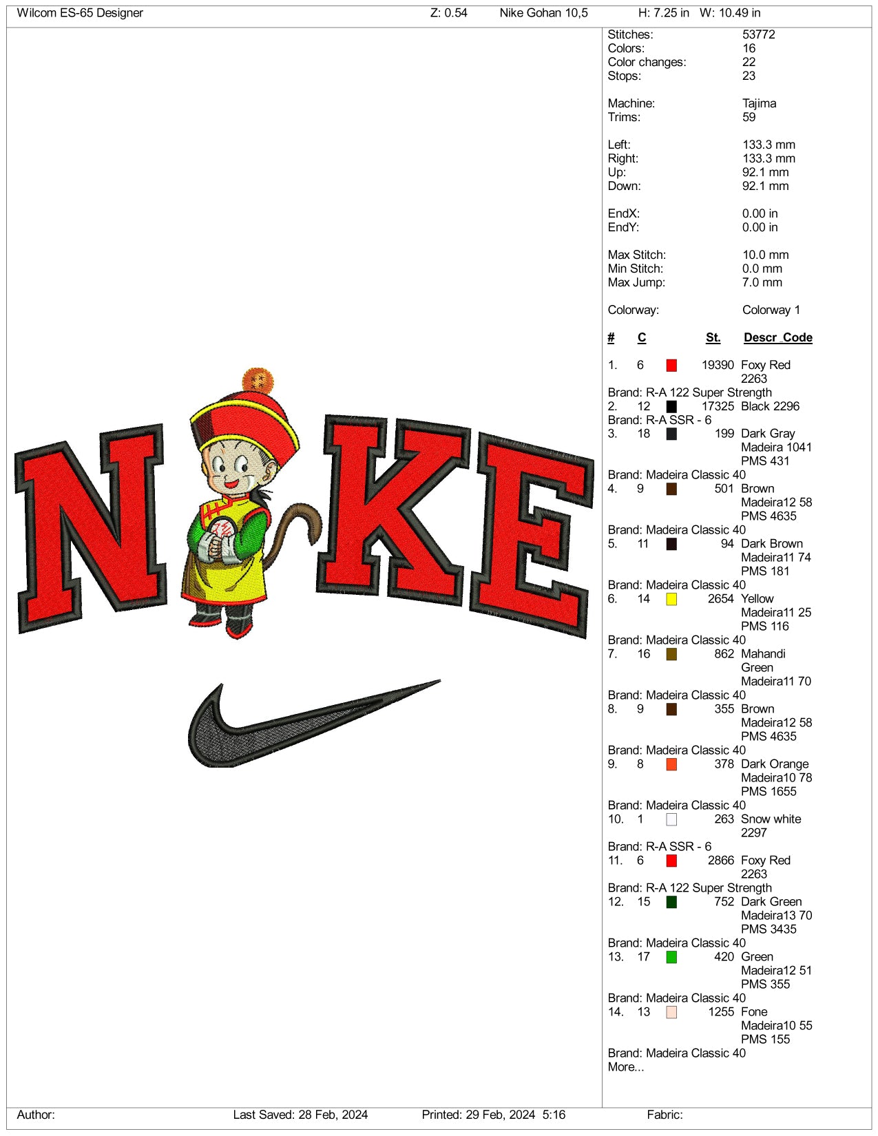 Archivos de diseño de bordado de Nike Baby Gohan (3 tamaños)