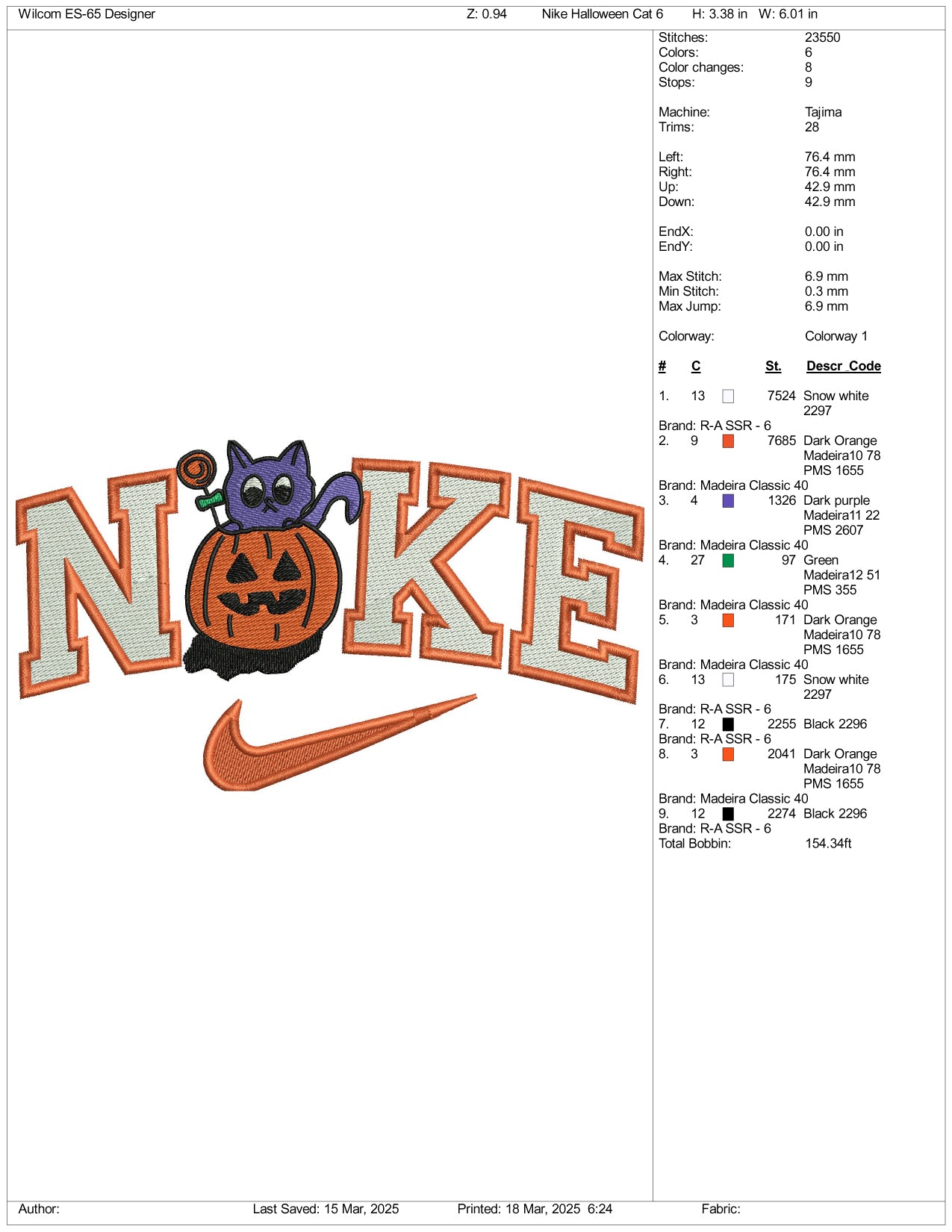 Nike Pumpkin Kitty Embroidery Files - 3 Size's