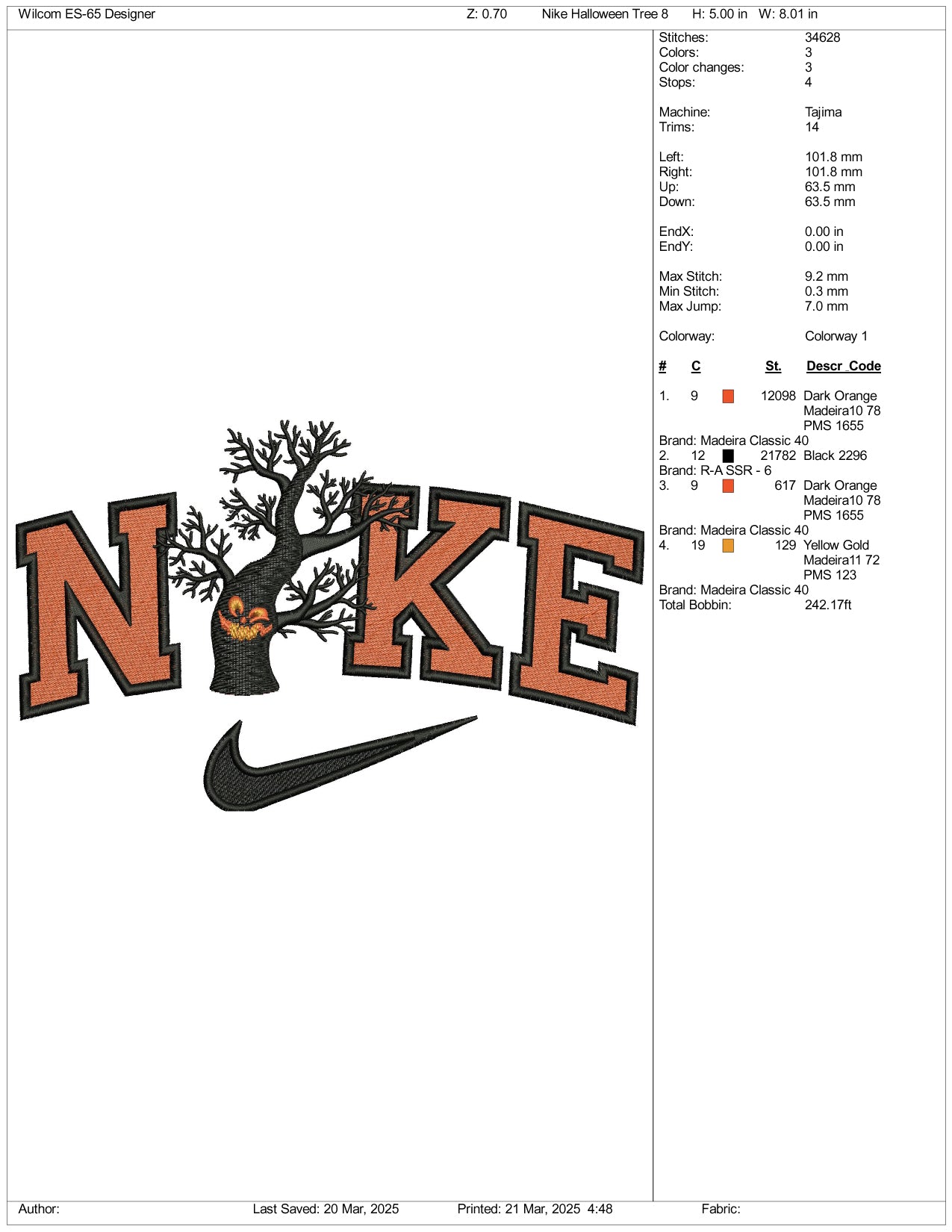 Nike Spooky Tree Embroidery Files - 3 Size's