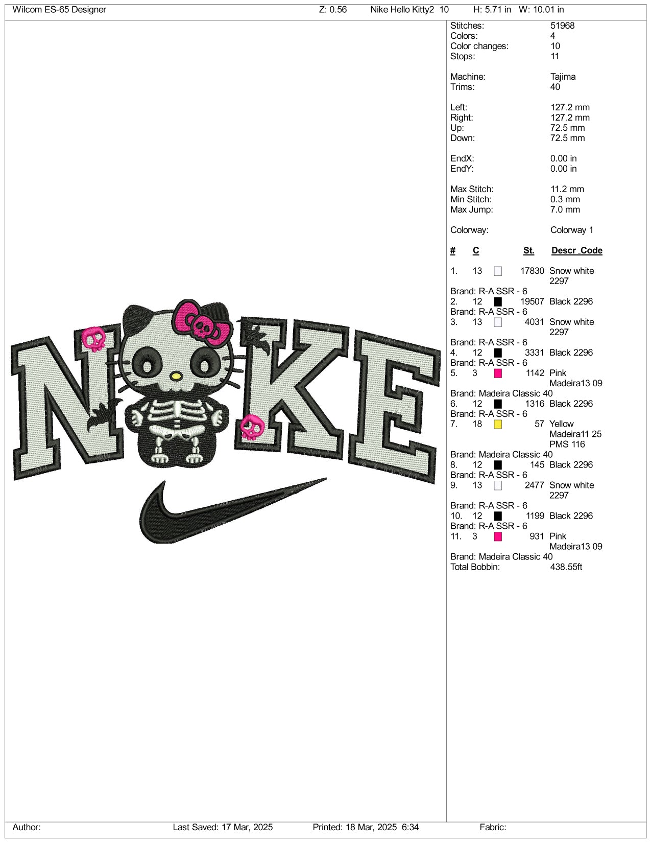Nike Hello Kitty Skull Embroidery Files - 3 Size's