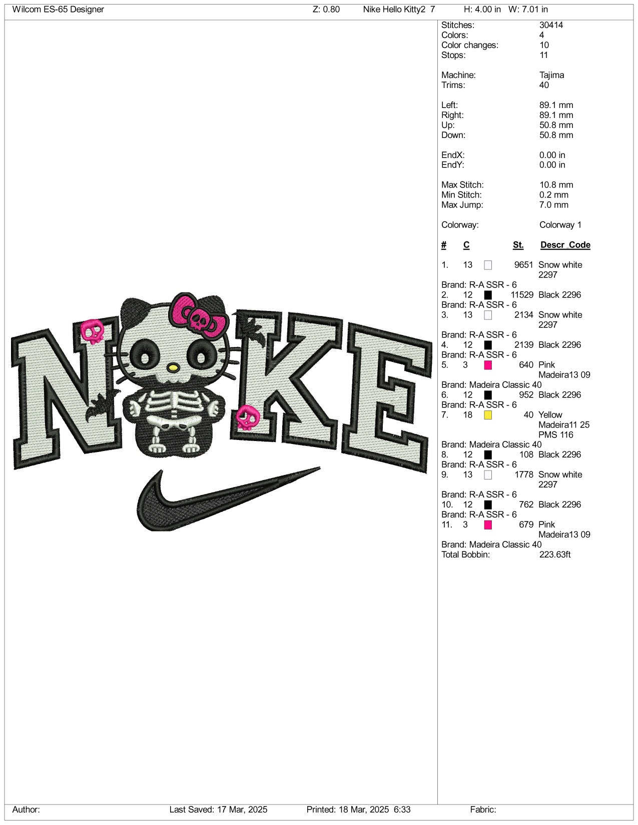 Nike Hello Kitty Skull Embroidery Files - 3 Size's