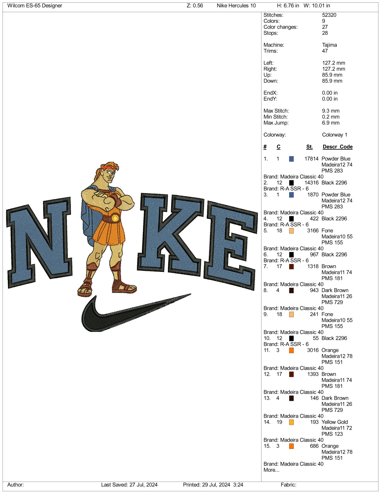 Archivos de diseño de bordado Nike Hercules - 3 tamaños