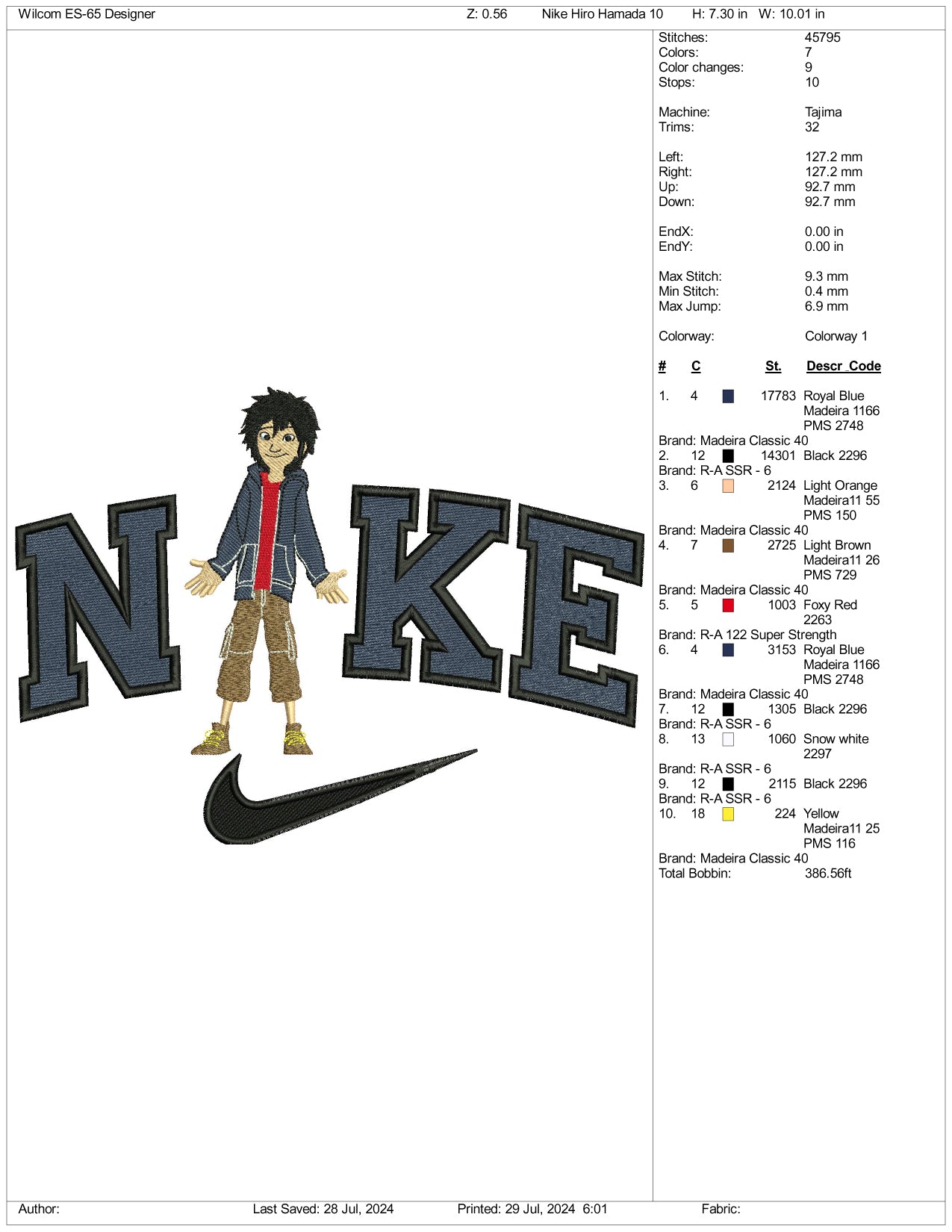 Archivos de diseño de bordado de Nike Hiro Hamada (3 tamaños)