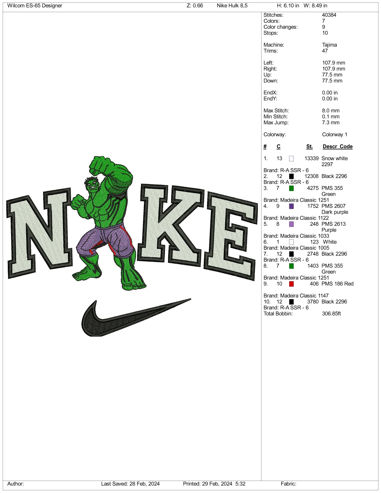 Nike Hulk Embroidery Design Files - 3 Size's