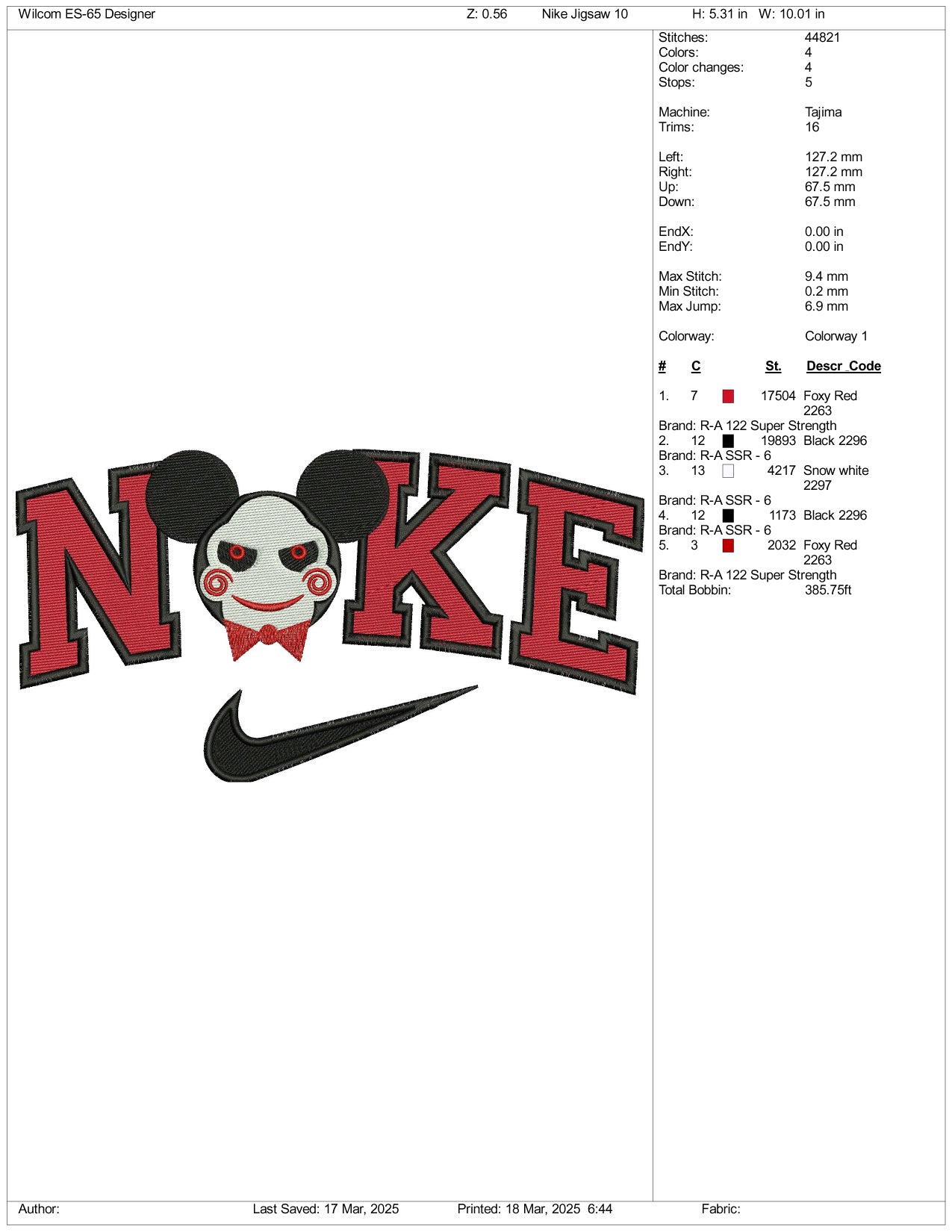 Nike Mickey Mouse SAW Clown Embroidery Files - 3 Size's