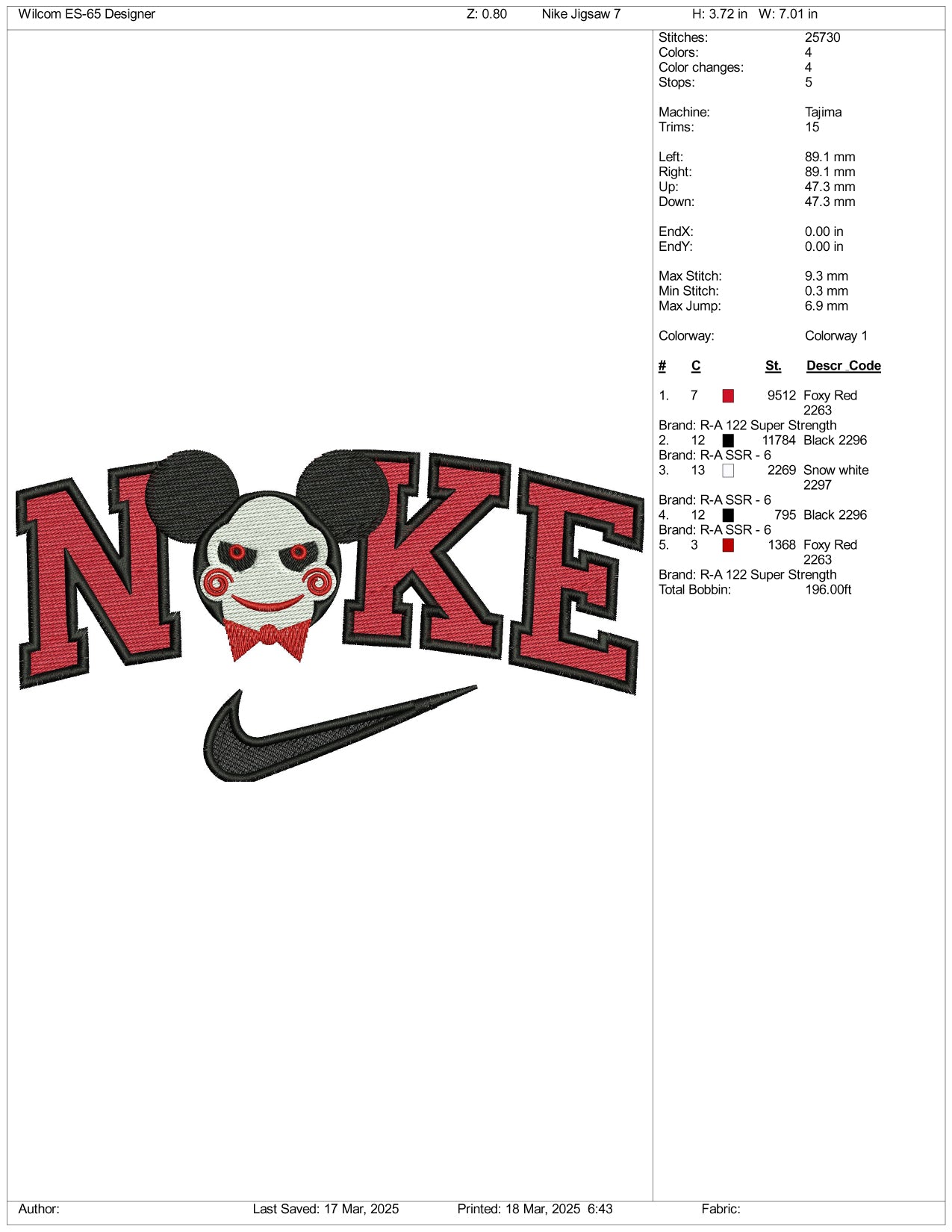 Nike Mickey Mouse SAW Clown Embroidery Files - 3 Size's
