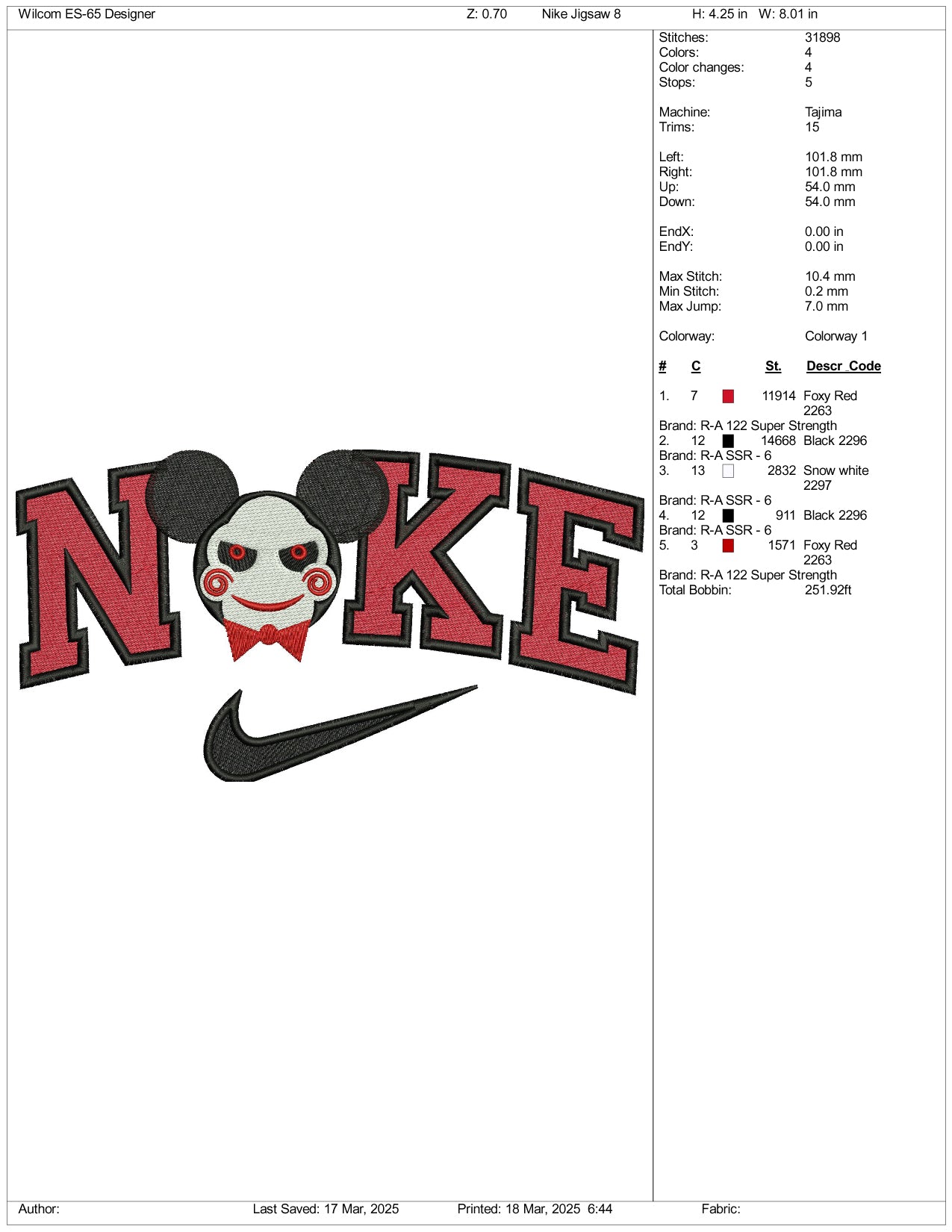 Nike Mickey Mouse SAW Clown Embroidery Files - 3 Size's