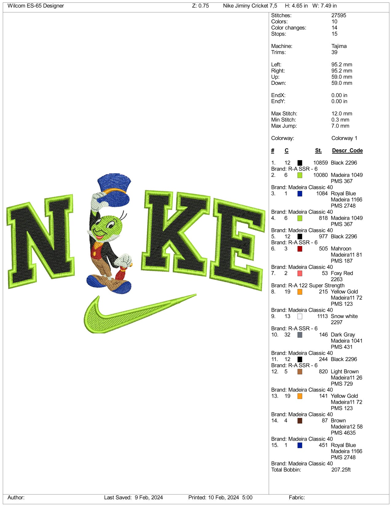 Archivos de diseño de bordado Nike Jimmy Cricket - 3 tamaños