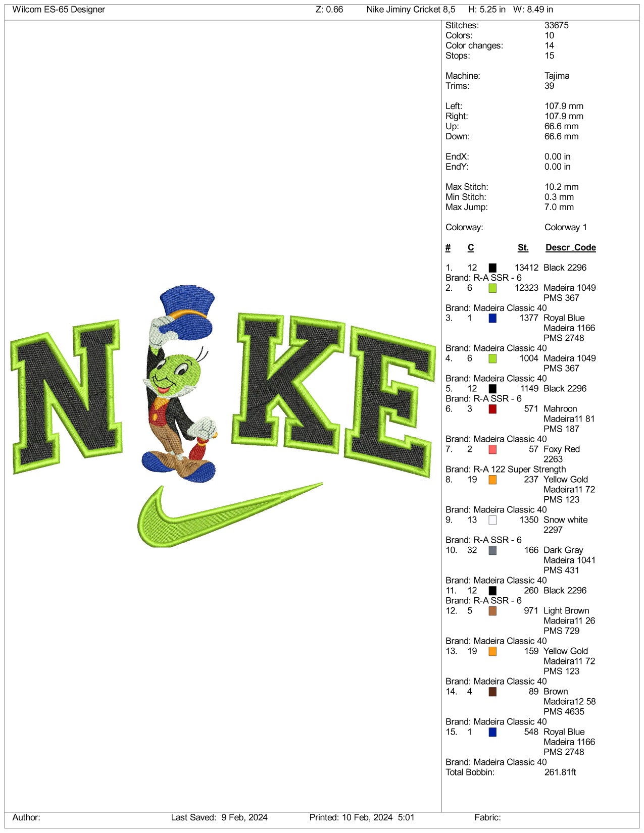 Archivos de diseño de bordado Nike Jimmy Cricket - 3 tamaños