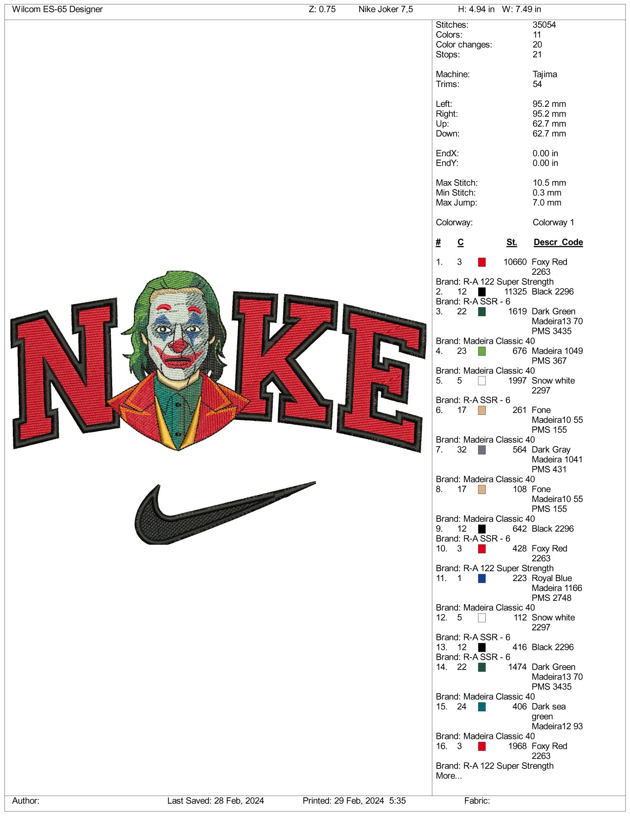 NIke Joker v2 Embroidery Design Files - 3 Size's