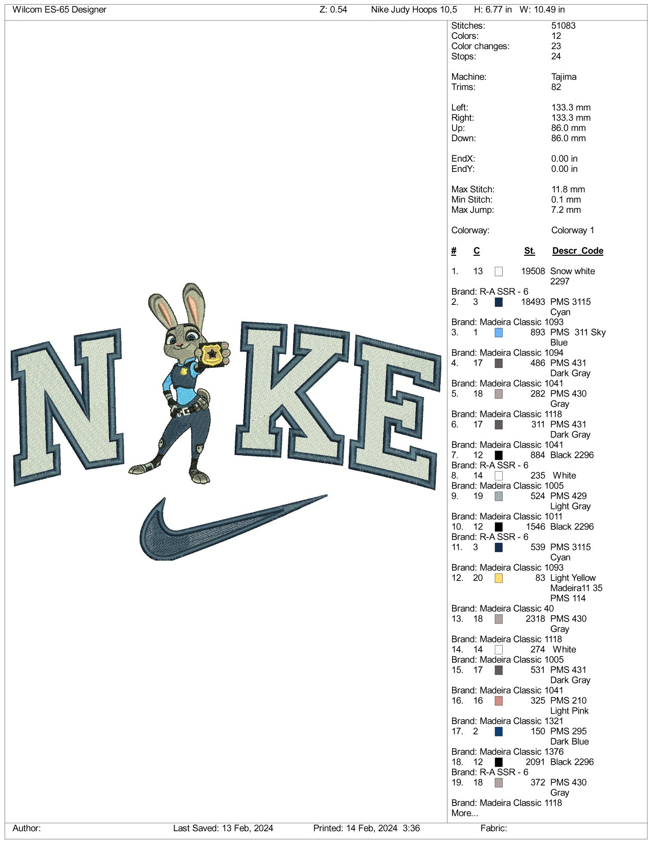 Archivos de diseño de bordado Nike de Judy Hopps (3 tamaños)