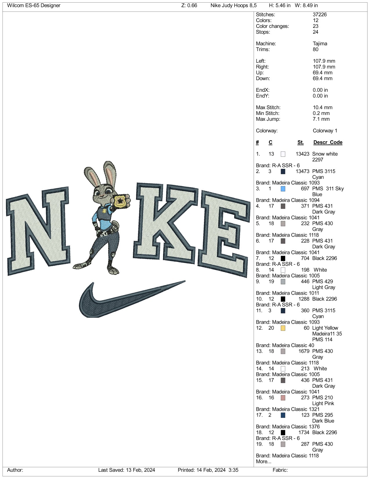 Archivos de diseño de bordado Nike de Judy Hopps (3 tamaños)