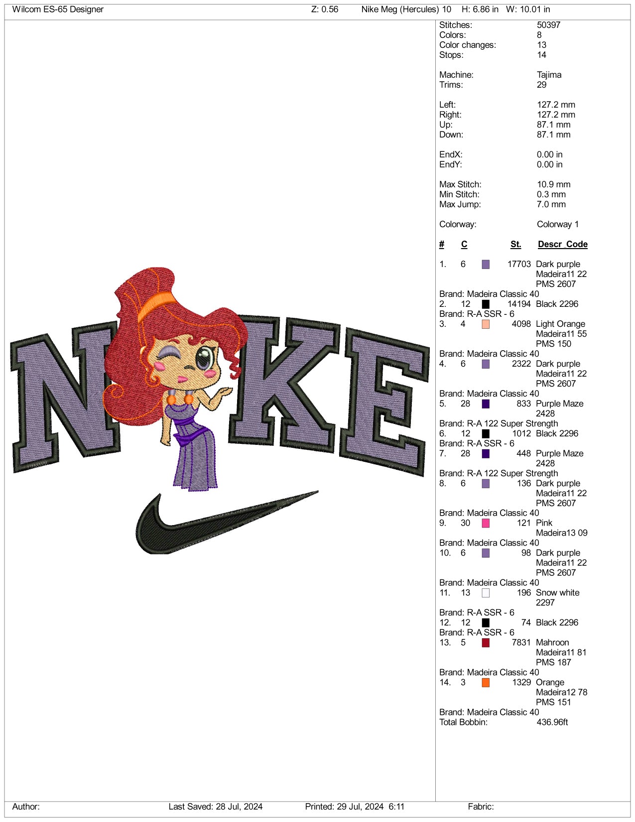 Archivos de diseño de bordado Nike Chibi Megara (3 tamaños)