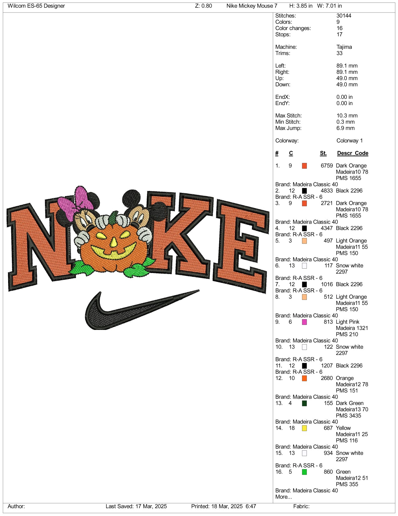 Nike Mickey Mouse Minnie Mouse Pumpkin Embroidery Files - 3 Size's