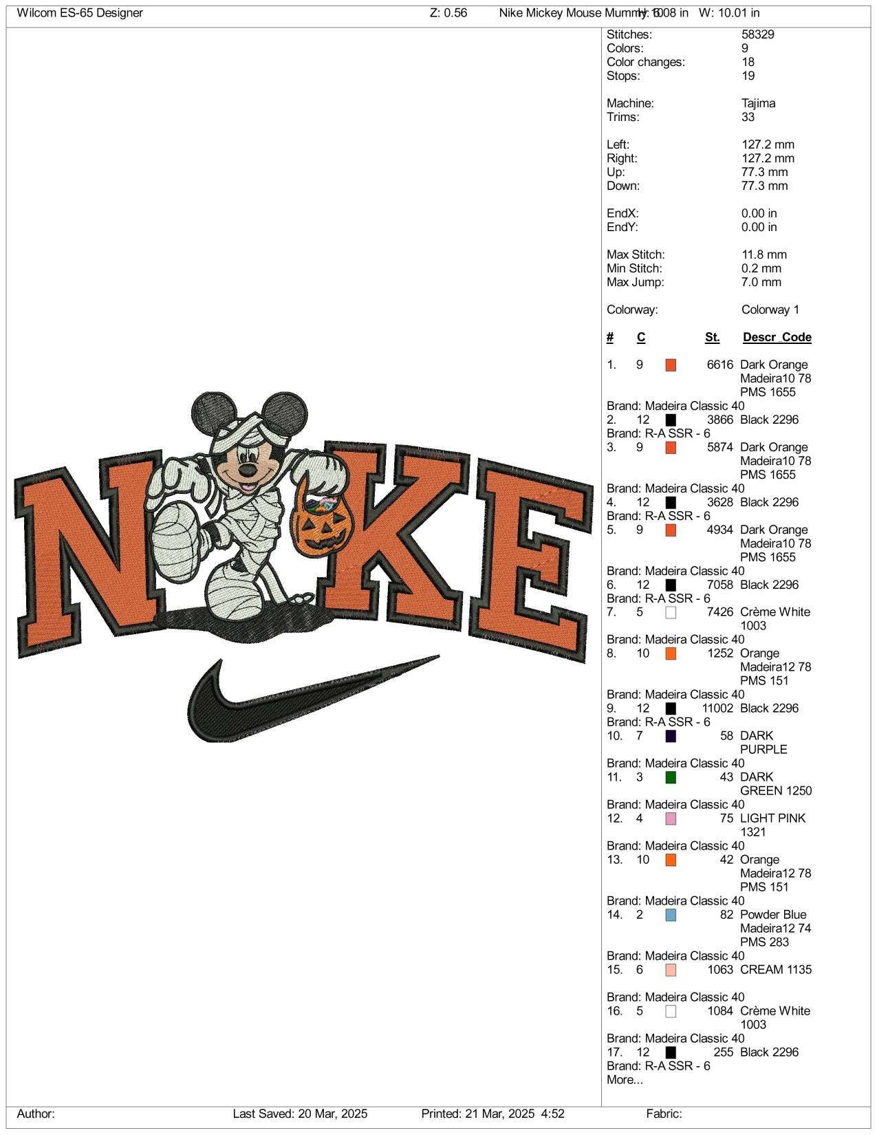 Nike Mickey Mouse Cosplay Mummy Embroidery Files - 3 Size's