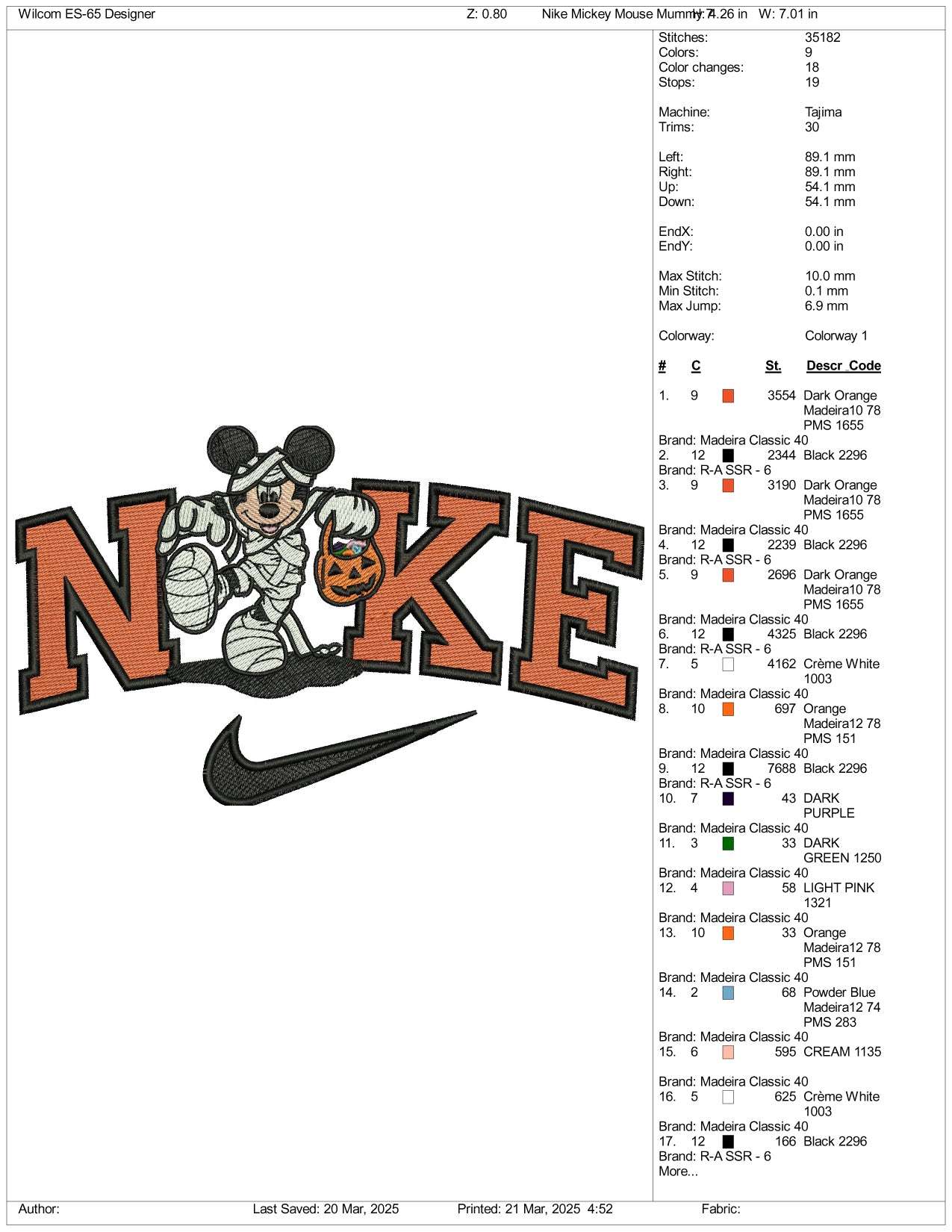 Nike Mickey Mouse Cosplay Mummy Embroidery Files - 3 Size's