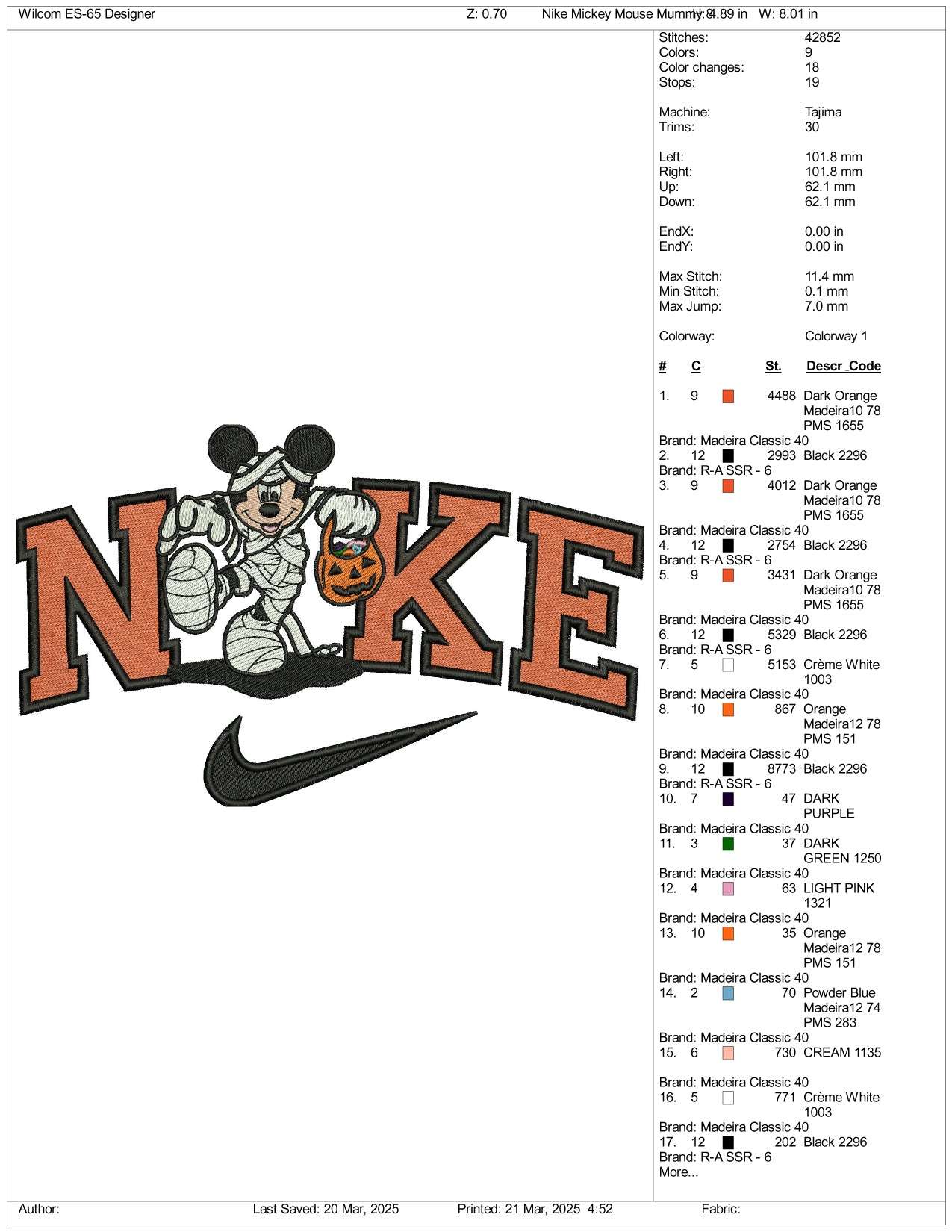 Nike Mickey Mouse Cosplay Mummy Embroidery Files - 3 Size's