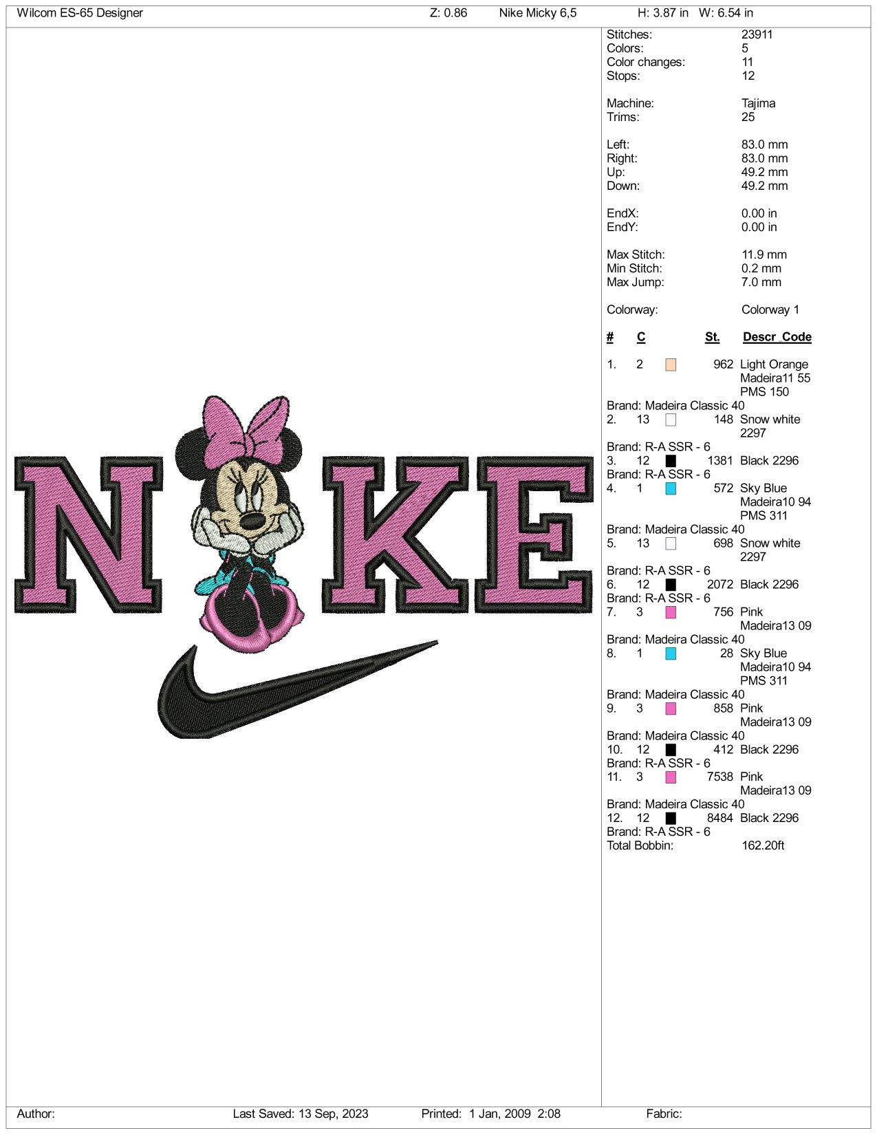 Archivos de diseño de bordado Nike Minnie Mouse v3 - 3 tamaños