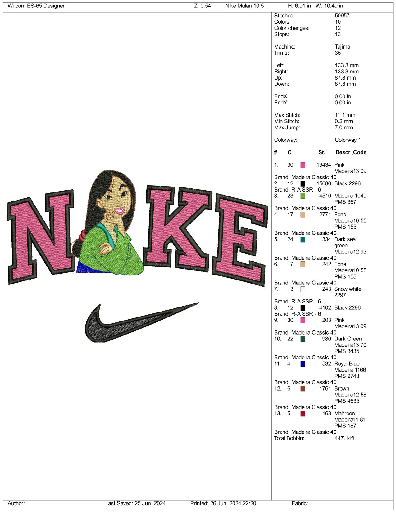 Archivos de diseño de bordado de Nike Mulan (3 tamaños)