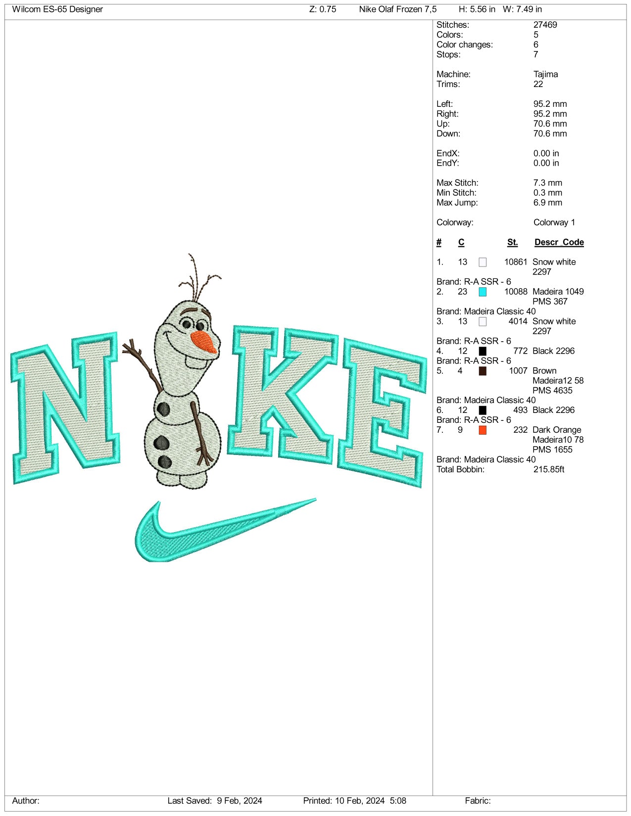 Nike Olaf Embroidery Design Files - 3 Size's