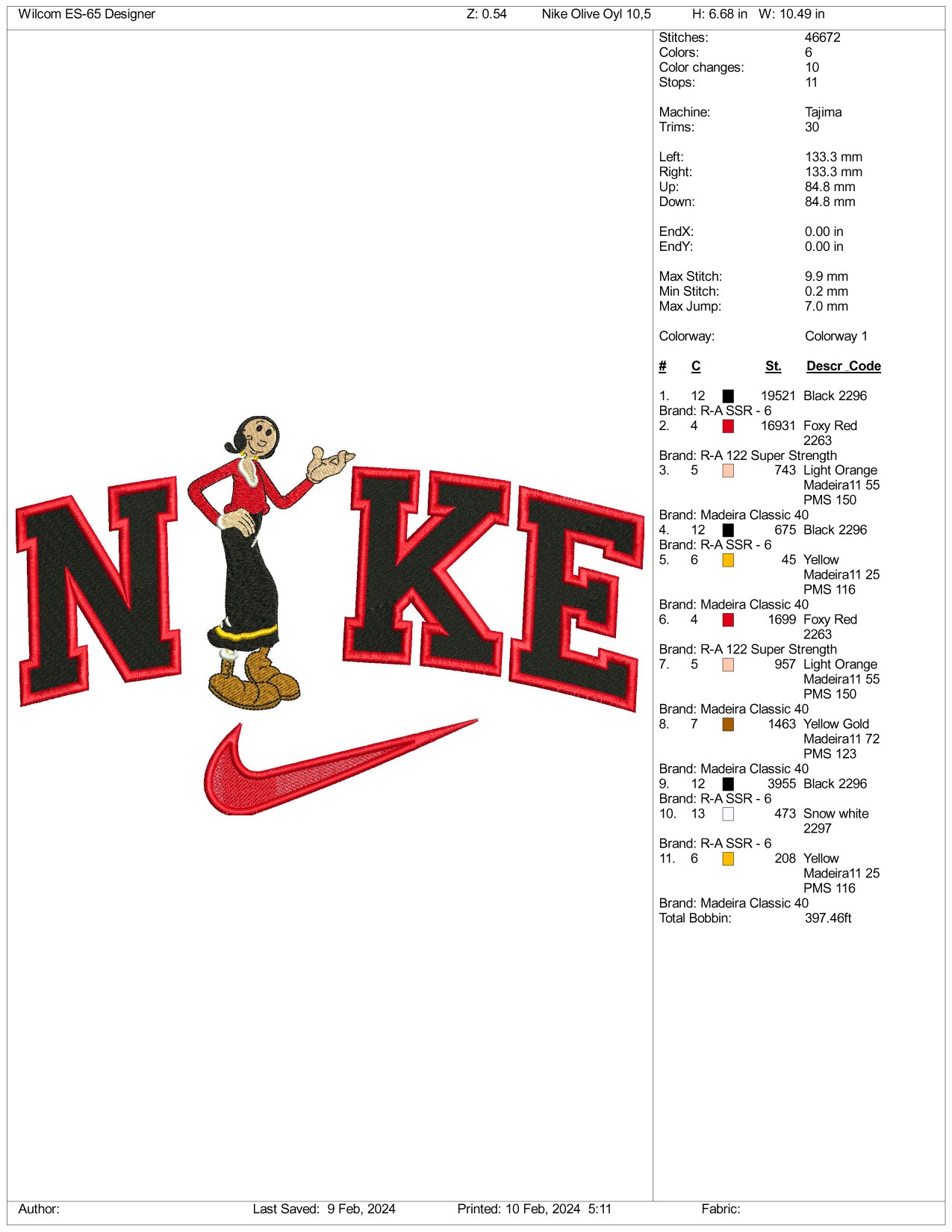 Archivos de diseño de bordado Nike Olive Oyl - 3 tamaños