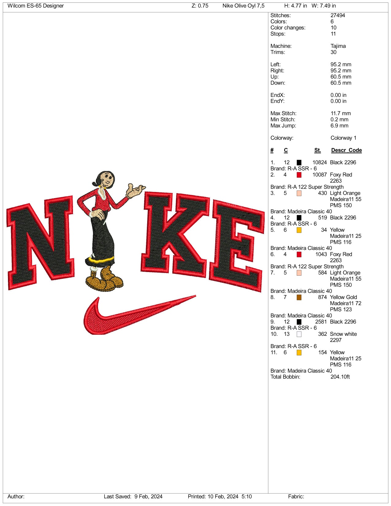 Archivos de diseño de bordado Nike Olive Oyl - 3 tamaños